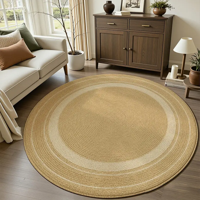 Round Flannel Rug: Velvet circular carpet in light yellow and beige with spiral weave, layered contrasting colors, edged with short pile, thickened, non-slip, wear-resistant, moisture-proof, easy to maintain, suitable for dressing rooms, vanities, bedroom