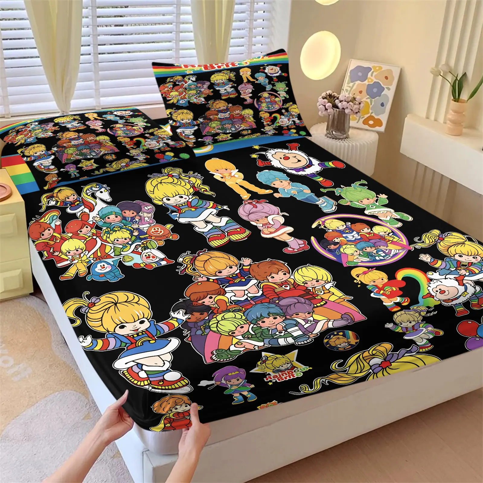 Black Base Vintage Rainbow Cartoon Cute Characters Print Fitted Sheet Set, Include 1 Bedspread and 2 Pillowcases, Y2K Retro Colorful Doll Pattern Elastic Deep Pocket Stretchy Mattress Cover, Breathable and Comfortable, Daily Household Bedding