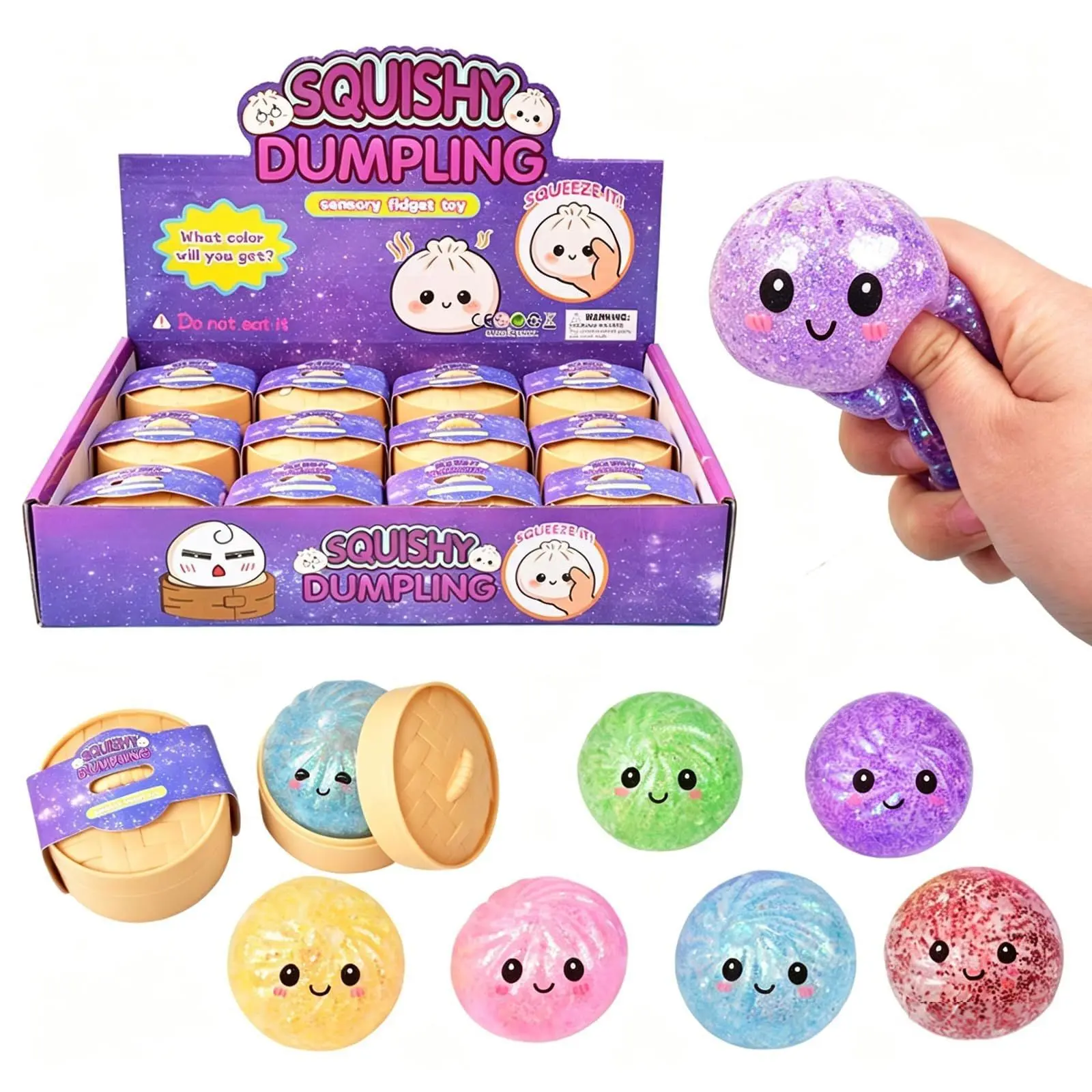 4pcs/12Pcs Glitter Dumpling Baozi Squishy toy Set With Display Box & Mini Steamers, Smiley Fake Food Sensory Fidget, Decompression Squeeze Relief Toy For Teens Adults 12+, ASMR Novelty Squeeze Desk Decor, Anxiety Stress Reducer Party Favors Blind Box