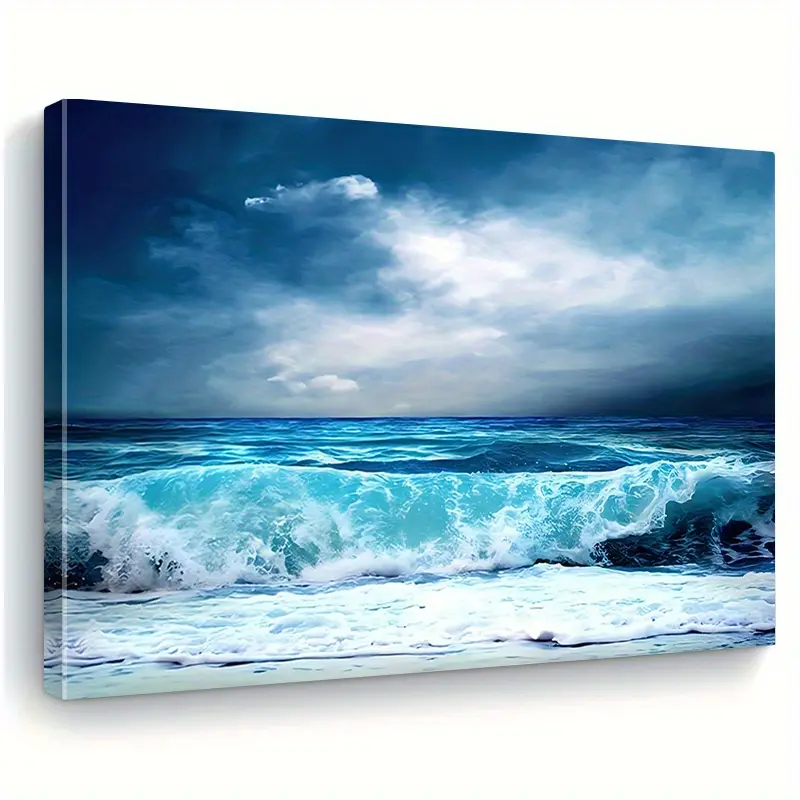 1 Piece Wooden Framed Horizontal Ocean Wave Canvas Wall Art - Vibrant Blue Seascape Print, Classic Decor for Home-Office, Living Room Use, Ideal Wedding/Father's Day/Thanksgiving Gift, Plaid-Houndstooth Accent, Multiple Sizes Available, Valentines Day