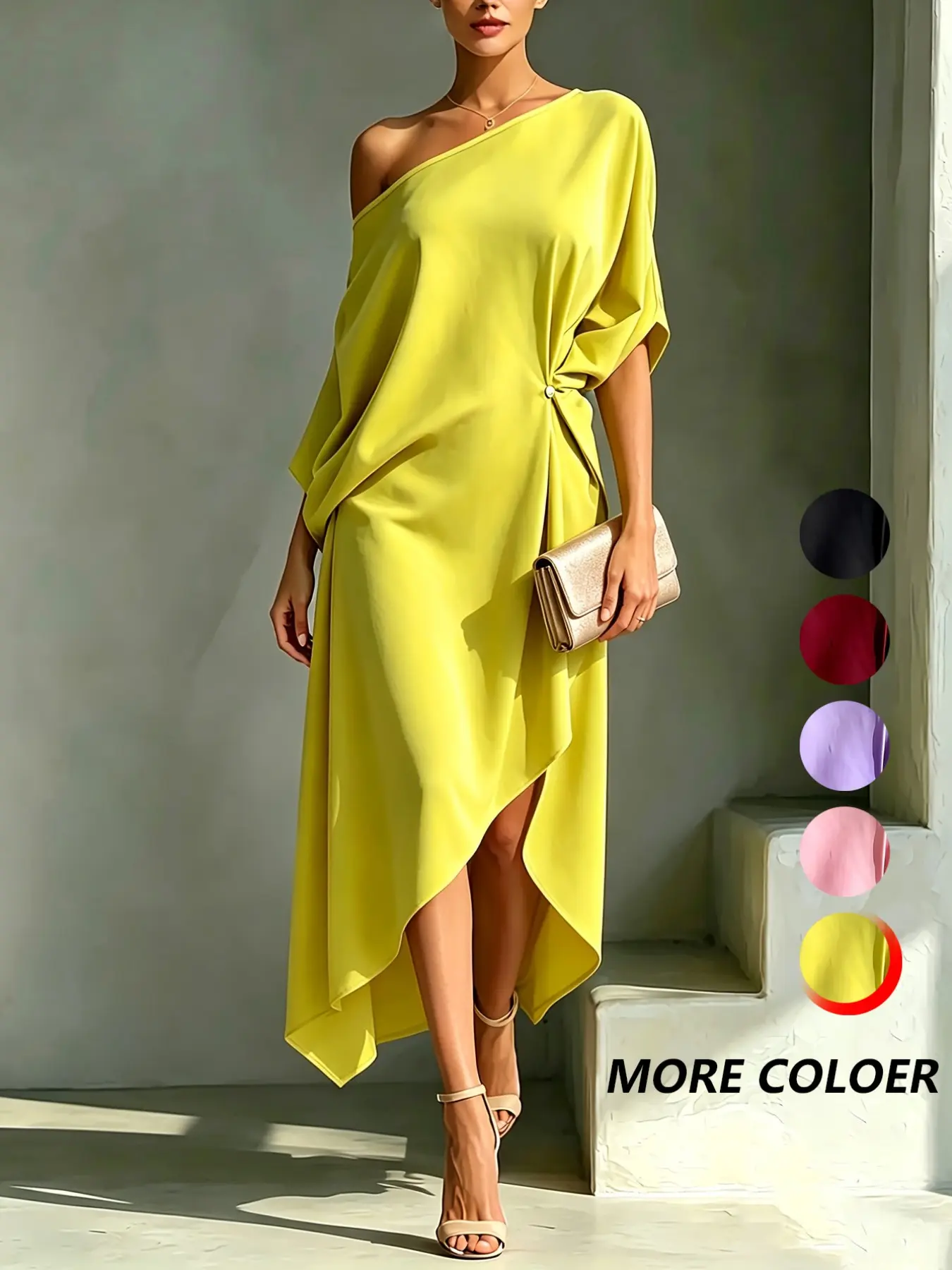 Elegant Simple Minimalist One-Shoulder Asymmetrical Midi Dress, Party Dress, Chic Casual Wear, Perfect for Special Occasions
