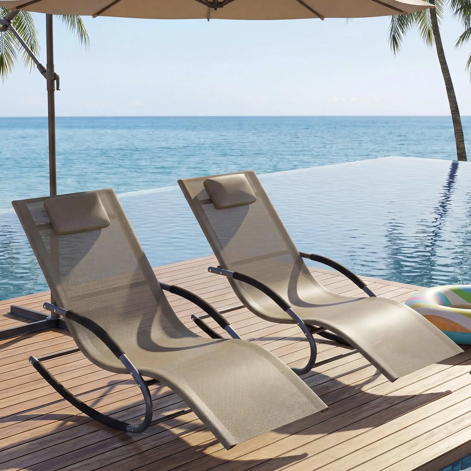 Adjustable Reclining Patio Lounge Chairs Set of 2 – Outdoor Garden Chair with Breathable Mesh, All-Weather Steel Frame, Pillow, Brown – Ideal for Poolside, Yard, Garden