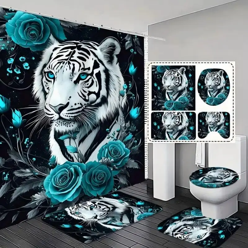 Blue Rose and White Tiger Wild Art  12 Hooks And Shower Curtain U-shaped MatsFloor Mats, And Toilet Seat Covers For Bathrooms Quick Drying Machine Washable Home Bathroom Decor Shower Curtain Sets for Bathroom