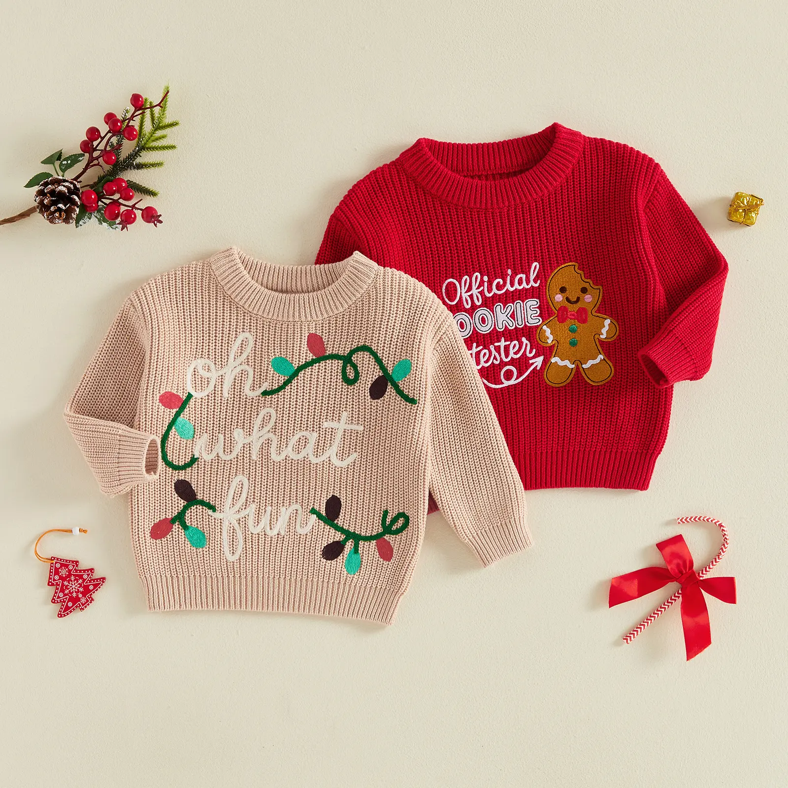 REDWOON Toddler Baby Little Boy Girl Christmas Knit Sweater Crew Neck Pullover Xmas Light/Gingerbread Man Embroidery Holiday Fall Winter Warm Jumper Top