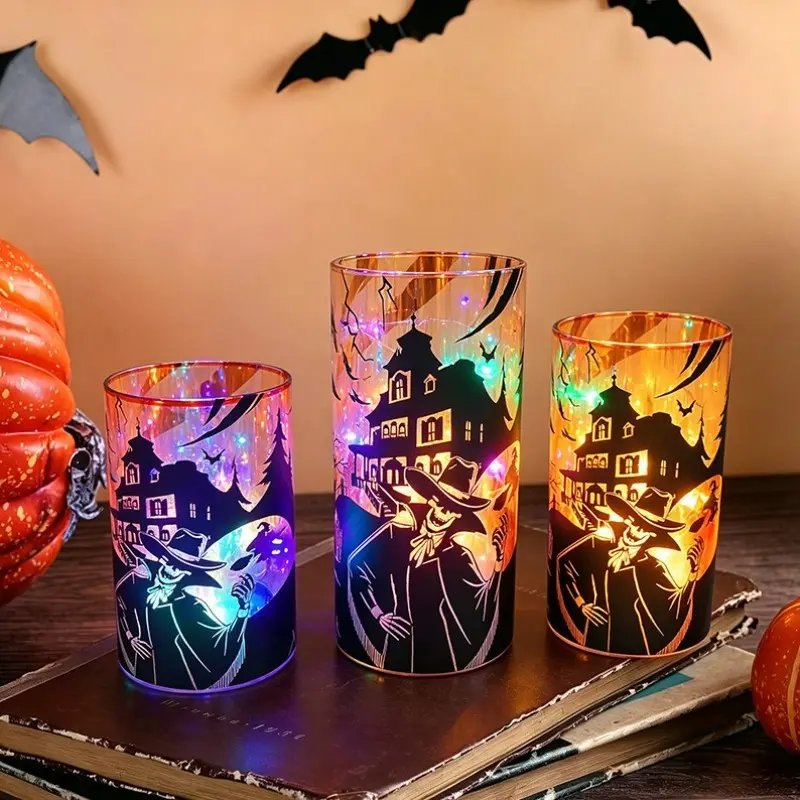 Halloween Multicolor Laser-Engraved Glass Electronic Candle Tabletop Decoration – 3-Piece Glass Candle Holder Set featuring flickering LED lights with a color-changing effect; ideal for fireplace mantels, dining tables, and Halloween decor.