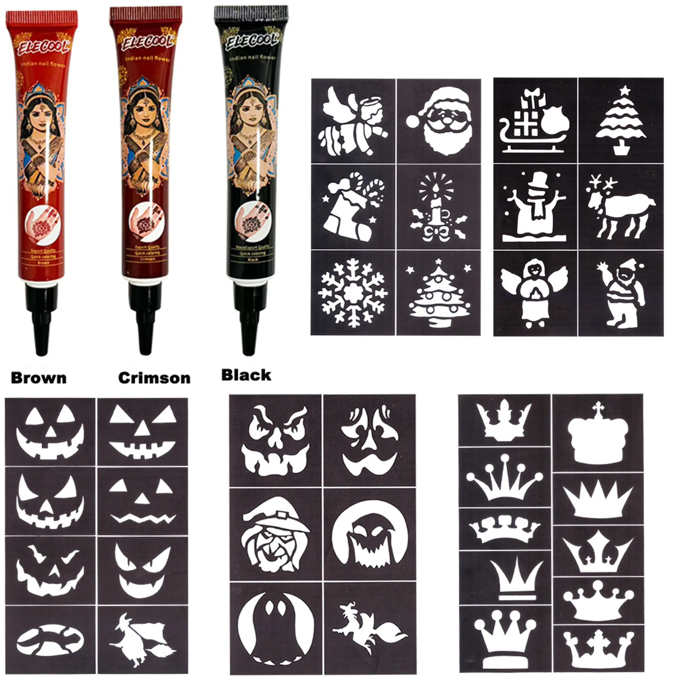 3-Pack Indian Henna Designs Temporary Tattoo Kit with 5 Christmas Halloween Stencils, Quick-Dry Waterproof, DIY Body Art for Parties and Events
