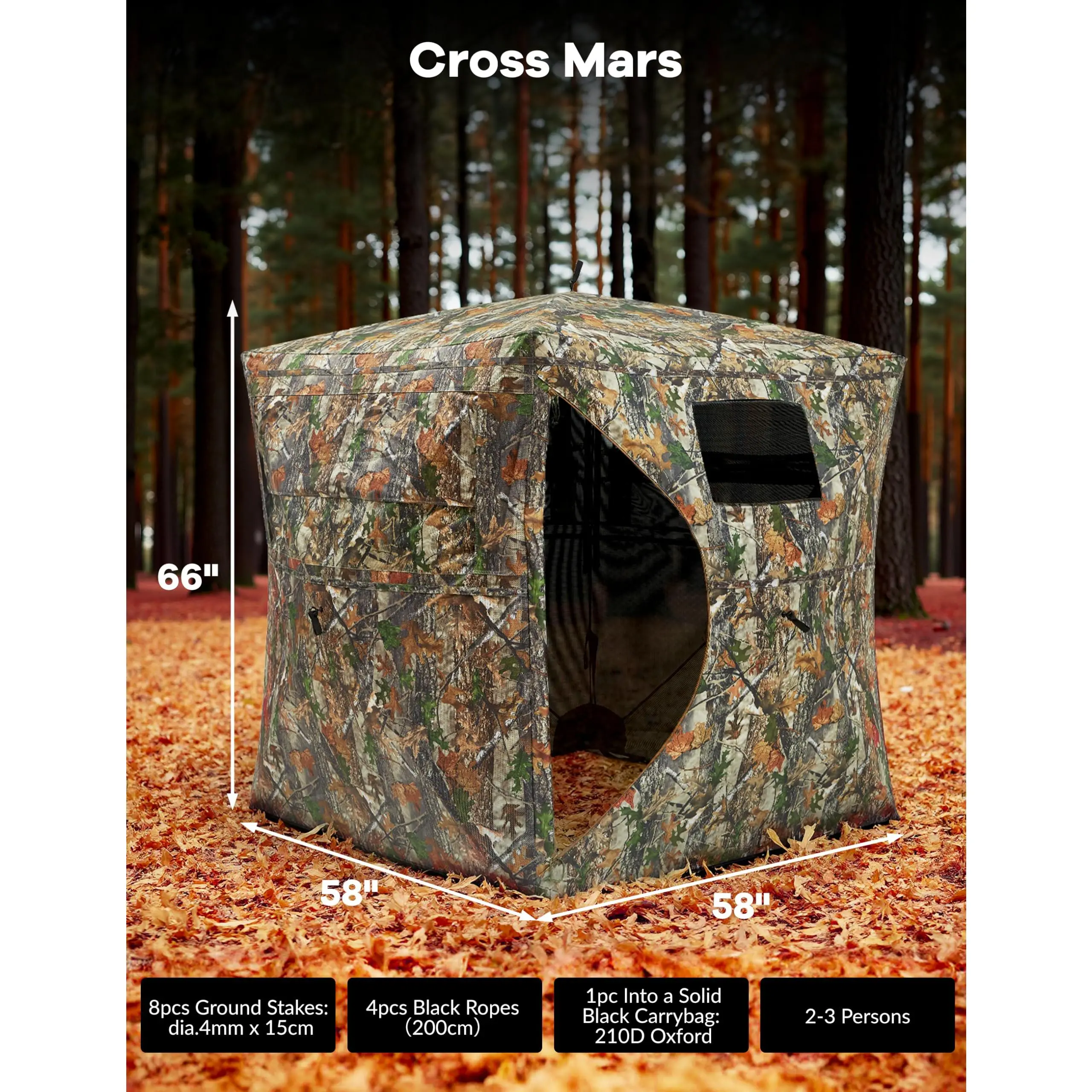 Hunting Blinds, 270 Degree See Through Pop Up Ground Blind for 2-4 Person, Outdoor Turkey Gear, Waterproof Camouflage Tent with Silent Magnetic Door, Easy to Carry, for Deer & Turkey Hunting