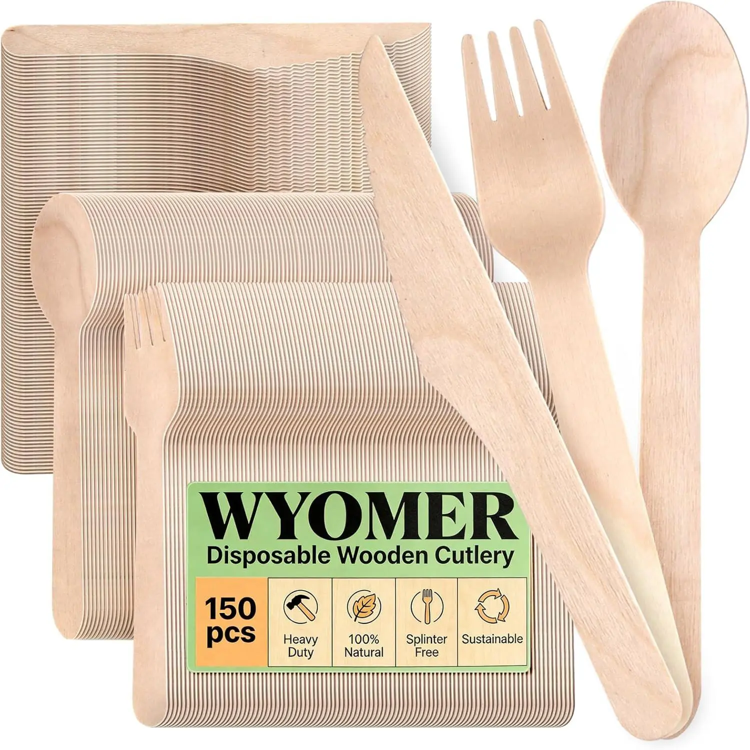 150 PCS Disposable Wooden Cutlery Set 6.5" Forks, Spoons & Knives (50 Each) Splinter Free Compostable Silverware Eco Friendly Plastic-Free Cutlery for Parties, Catering, Weddings & Events