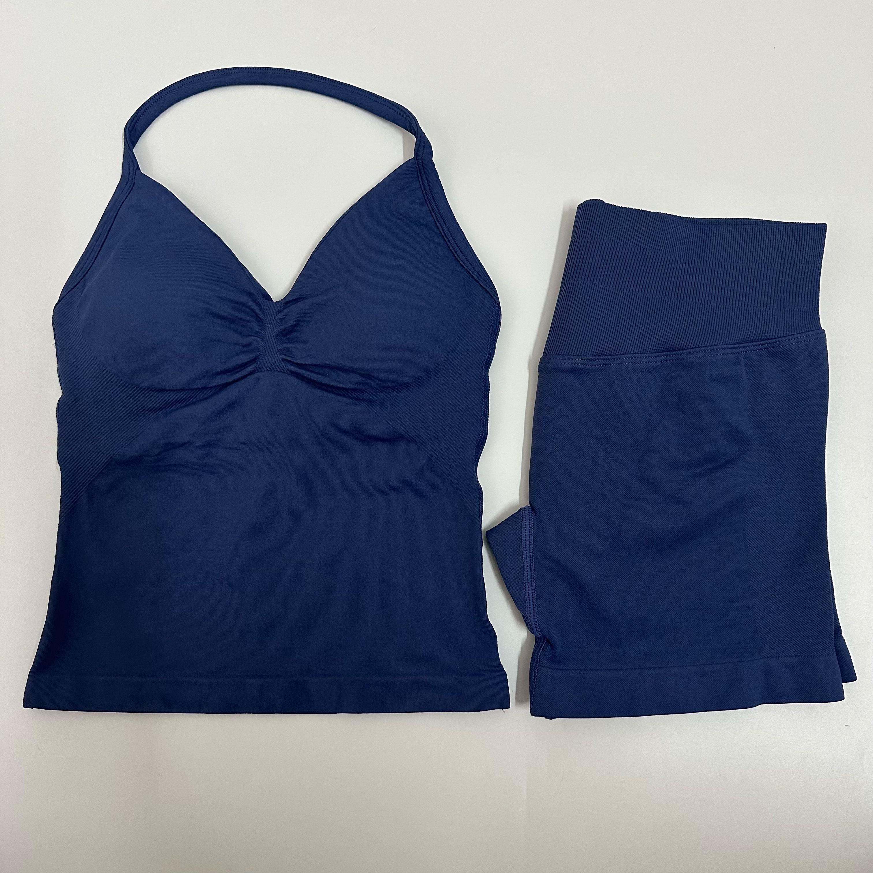 Women's Yoga Set - 2 Pieces Seamless Longline Strappy Tank Top & Scrunch Sports Shorts - Acrylic Nylon Blend - True to Size - Gym & Summer Workout Outfit - Athleisure Wear