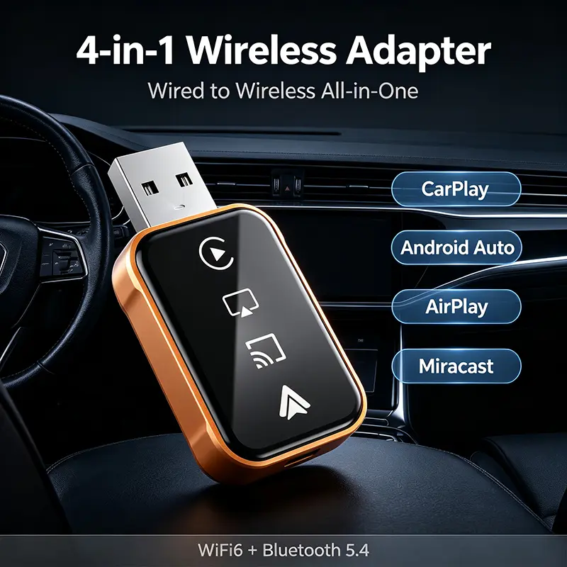 4-in-1 Multiuse CarPlay Wireless Adapter, WiFi 6 & Bluetooth 5.4 Plug-and-Play USB Dongle for Factory USB Cars, Converts Wired CarPlay/Android Auto, Supports AirPlay/Miracast for In-Car Driving Wireless Syncing, Tactical Multifunctional Writing Pen