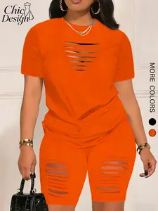 Women's Casual Solid Color Two-Piece Set, Comfortable Short Sleeve T-Shirt and Shorts, Fashionable Style Summer, Ideal for Commuting