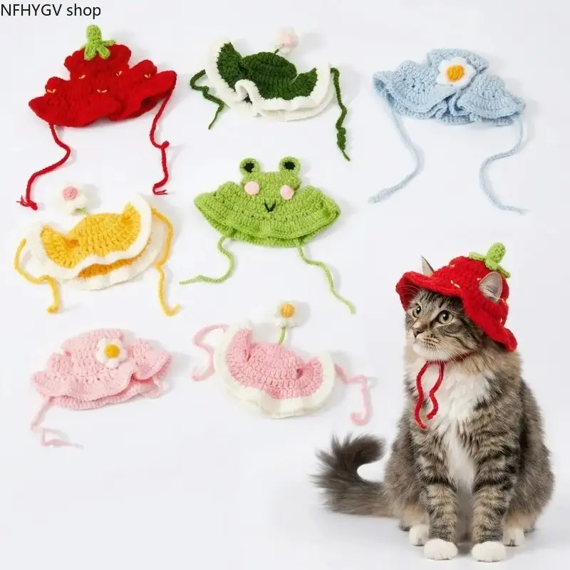 Small Pet Daily Decorative Costume Headwear Hat, 4PCS Handmade Knitted Pet Accessory Made Of Soft Polyester Fabric, Adorable Cartoon Frog, Cat And Puppy Shaped Headgear, Comfortable Warm Gear For Tiny Kittens And Puppies, Great For Daily Dressing