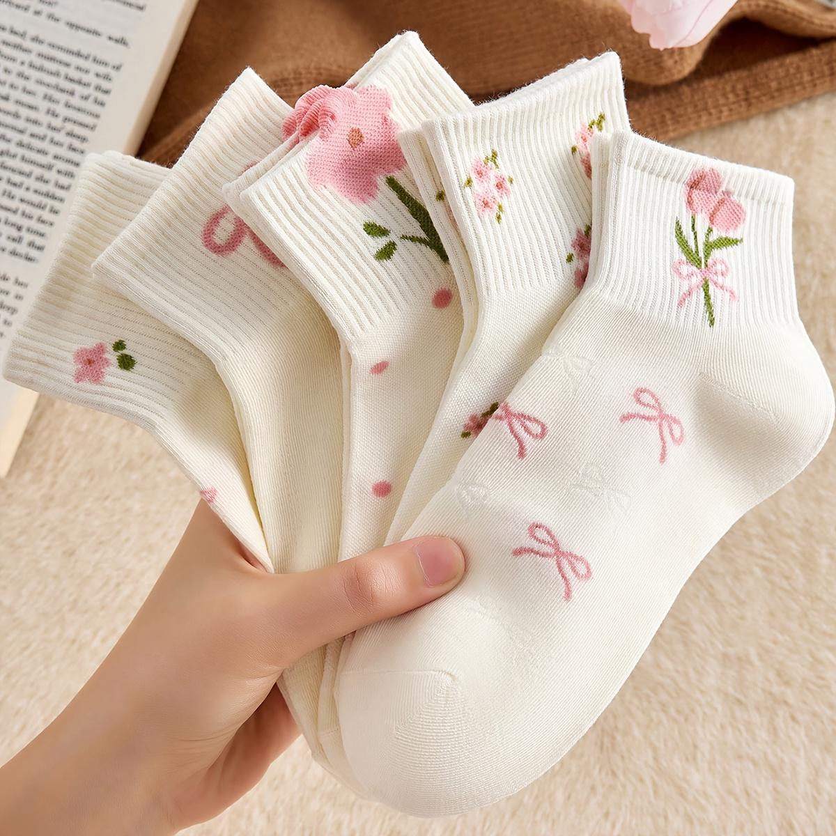 Girls' Floral Mid-Calf Socks, 5 Pairs - Solid-Color Casual Daily Wear Socks