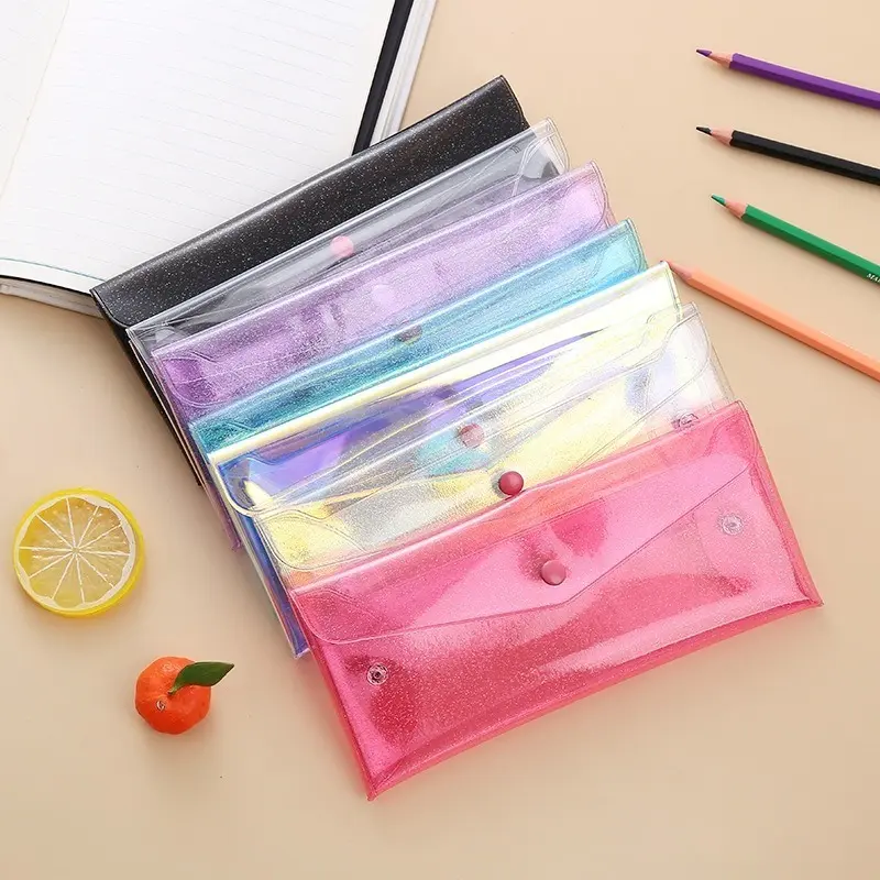 2PCS Minimalist Laser Fully Transp. Pencil Case - Portable Foldable Snap Closure Stationery & Bill Storage Pouch (Travel Organizer Bag)