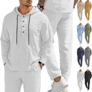 Men's 2-Piece Linen Shirt and Trouser Set - Plain, Breathable Clothes for Casual Daily Menswear