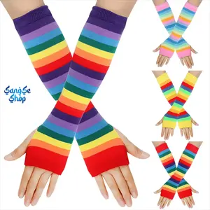Rainbow Striped Knitted Gloves, Long Fingerless Arm Warmers, Soft & Stretchy for Pride Parade & Daily Wear, Pride Gloves
