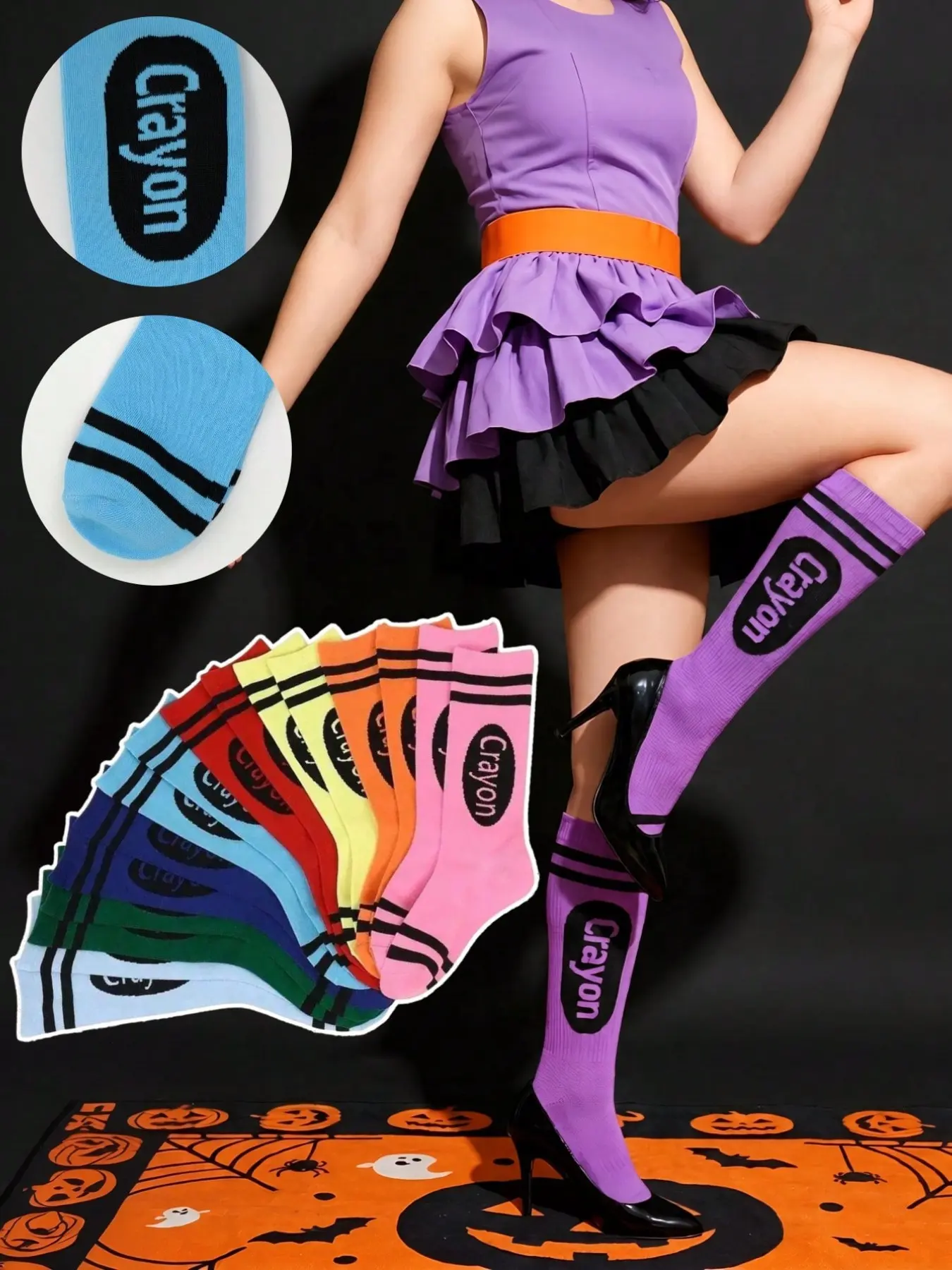 Creative Crayon Shape Dopamine Colorblock Knee High Socks Set, Unisex Sporty Fitted Stockings, Halloween Gift Idea