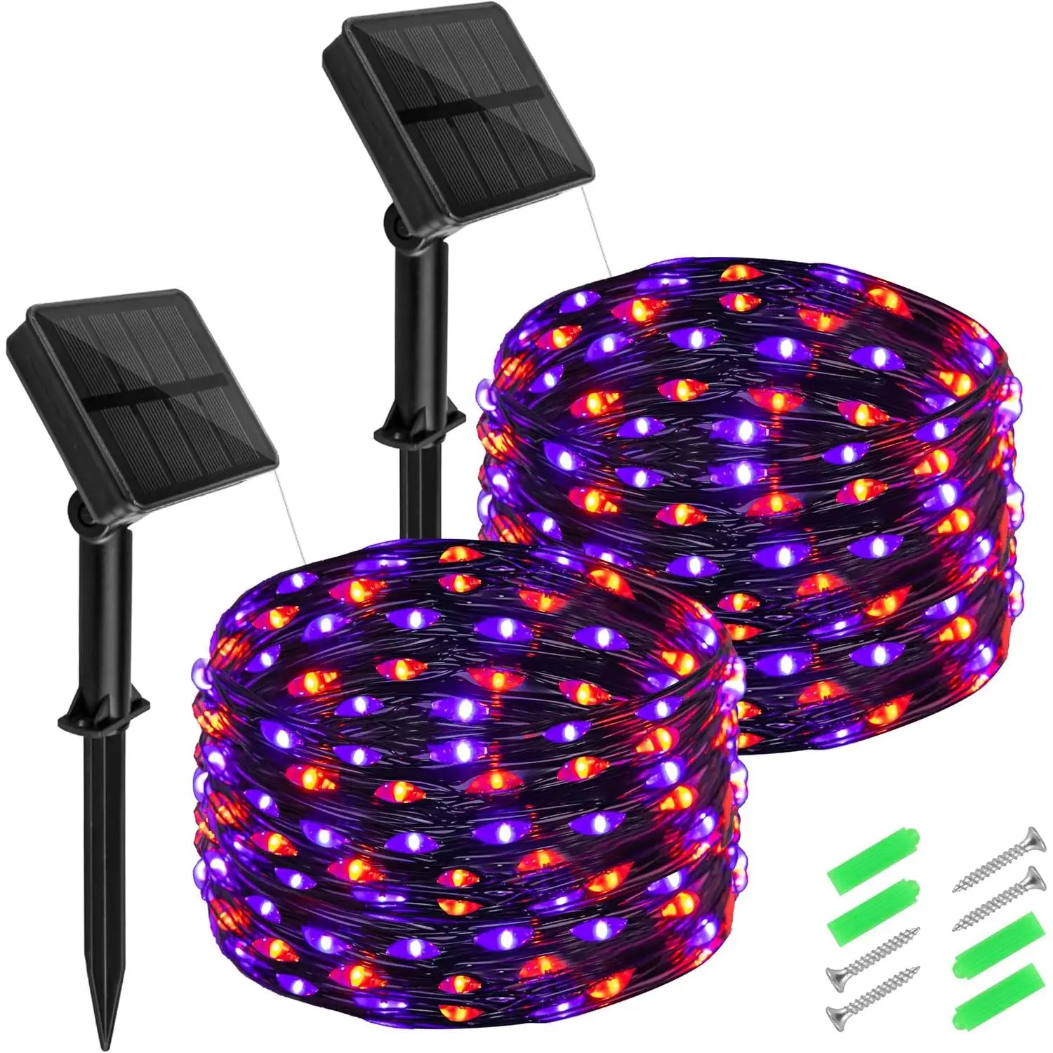Halloween Solar String Lights Outdoor, Orange  Solar Fairy Lights 2 Pack 16.4FT 50 LED Each, 8 Modes  Black Wire Fairy Lights for Yard Porch Fence Tree Bushes Decor