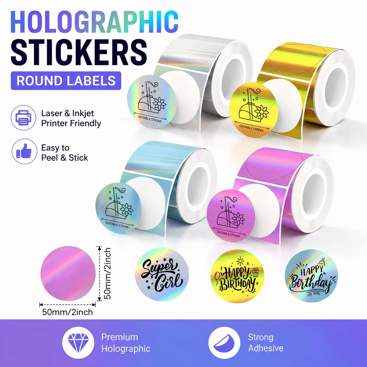 QUASON Holographic High-Viscosity Pressure-Sensitive Circle Sticker Labels (50x50mm, B3S, Clabel 221b) - 4 Rolls (Gold, Silver, Purple, Blue), Compatible with M110-M102-P1-P2 Thermal Label Printers, for Small Businesses, DIY Crafts