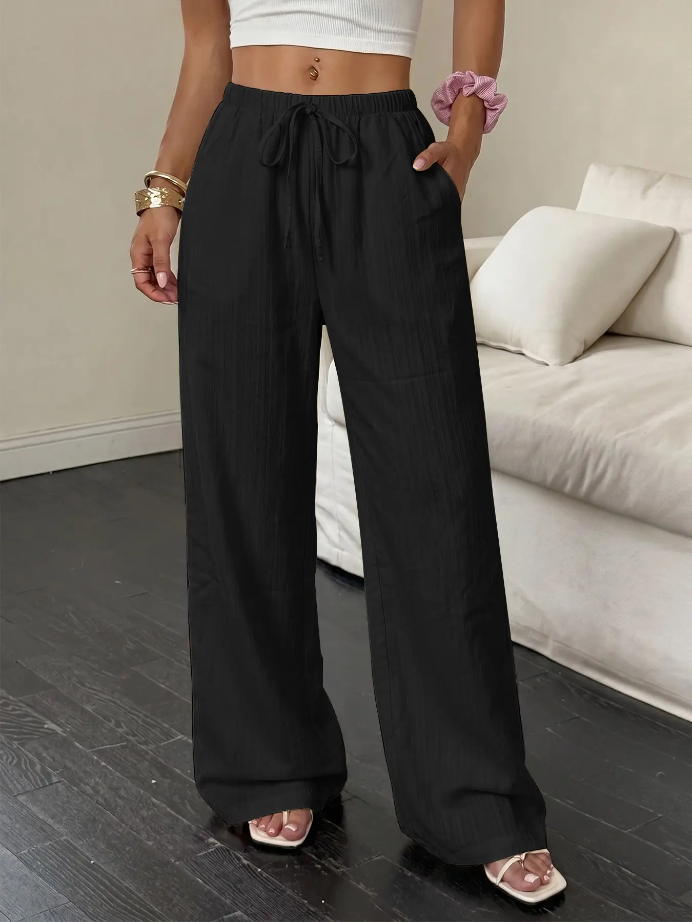 Women Casual Comfy Pocket Basic Crinkle Fabric Wide Leg Baggy Lounge Pants, Elastic Waist Drawstring, Loose Fit Loungewear with Side Pockets, Soft Breathable Home Wear
