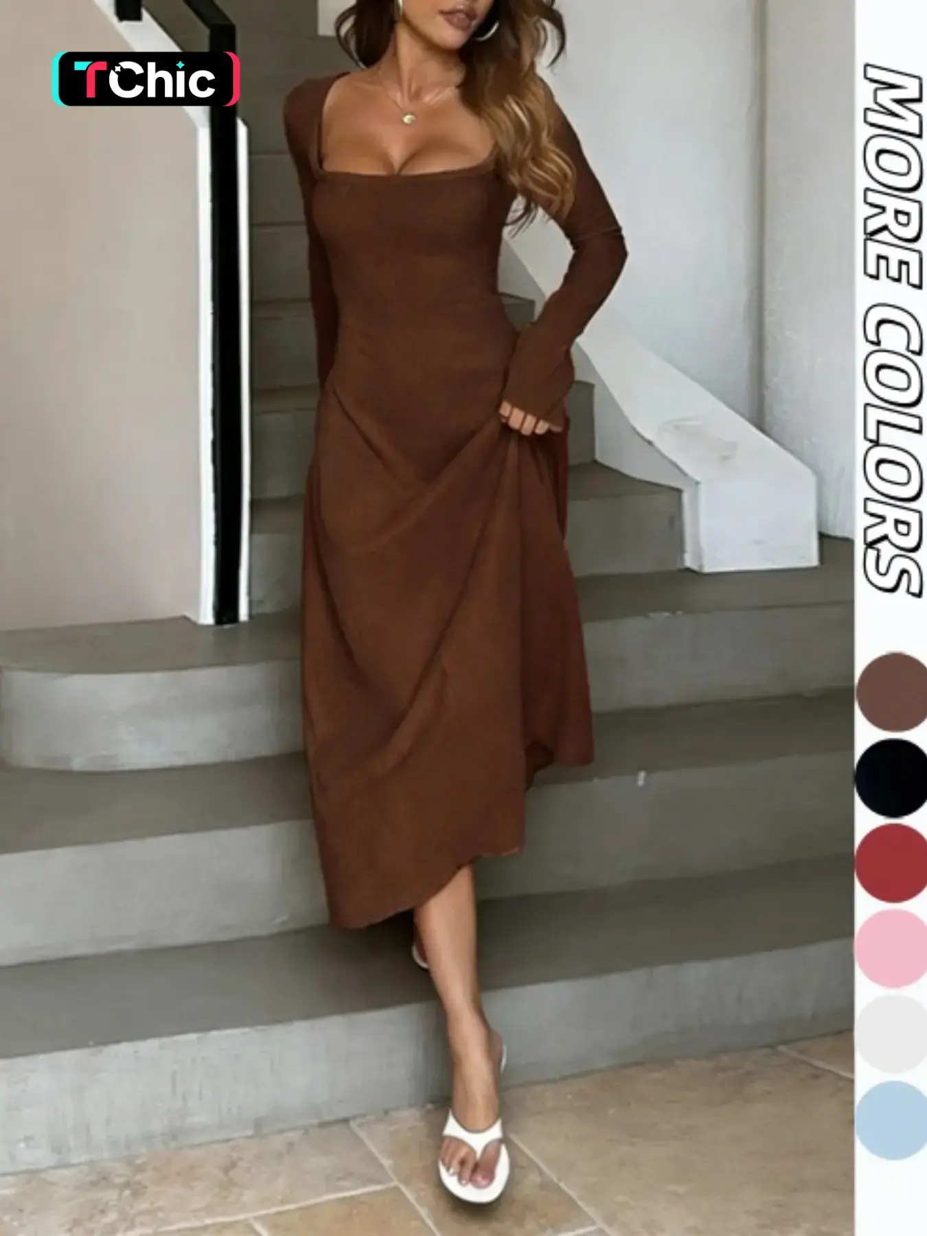 Women's Plain Lace Up Tie Back Flounce Sleeve Dress, 1 Count Chic Elegant Aesthetic Fit Square Neck Long Sleeve A Line Formal Wear Dress for Party Holiday Wedding Guest, Ladies Spring&Fall Clothes