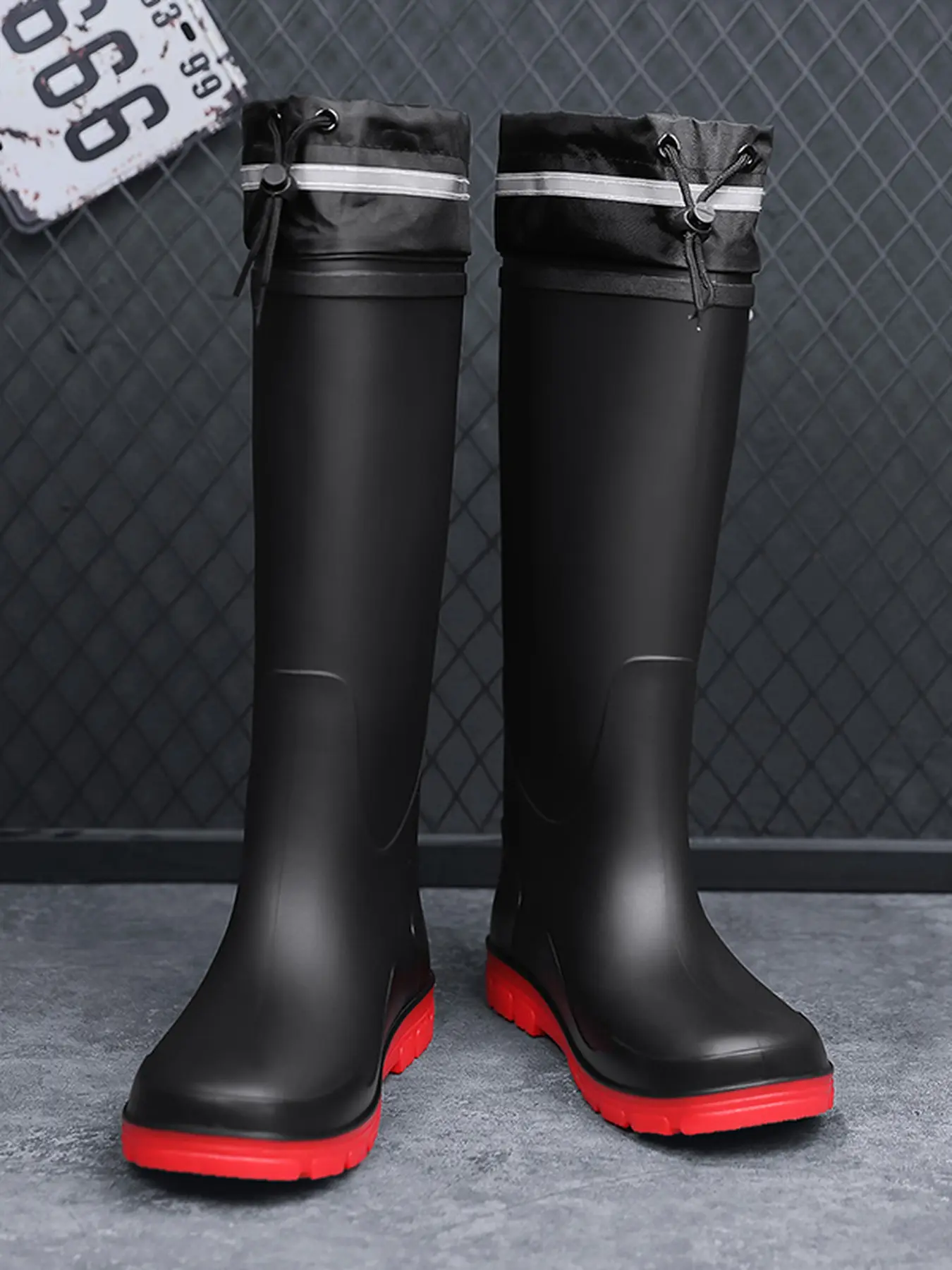 Men's Knee-High Waterproof Rain Boots with Drawstring & Reflective Strip Non-Slip Wear-Resistant Rubber Work Boots for Outdoor Farming Fishing Wading
