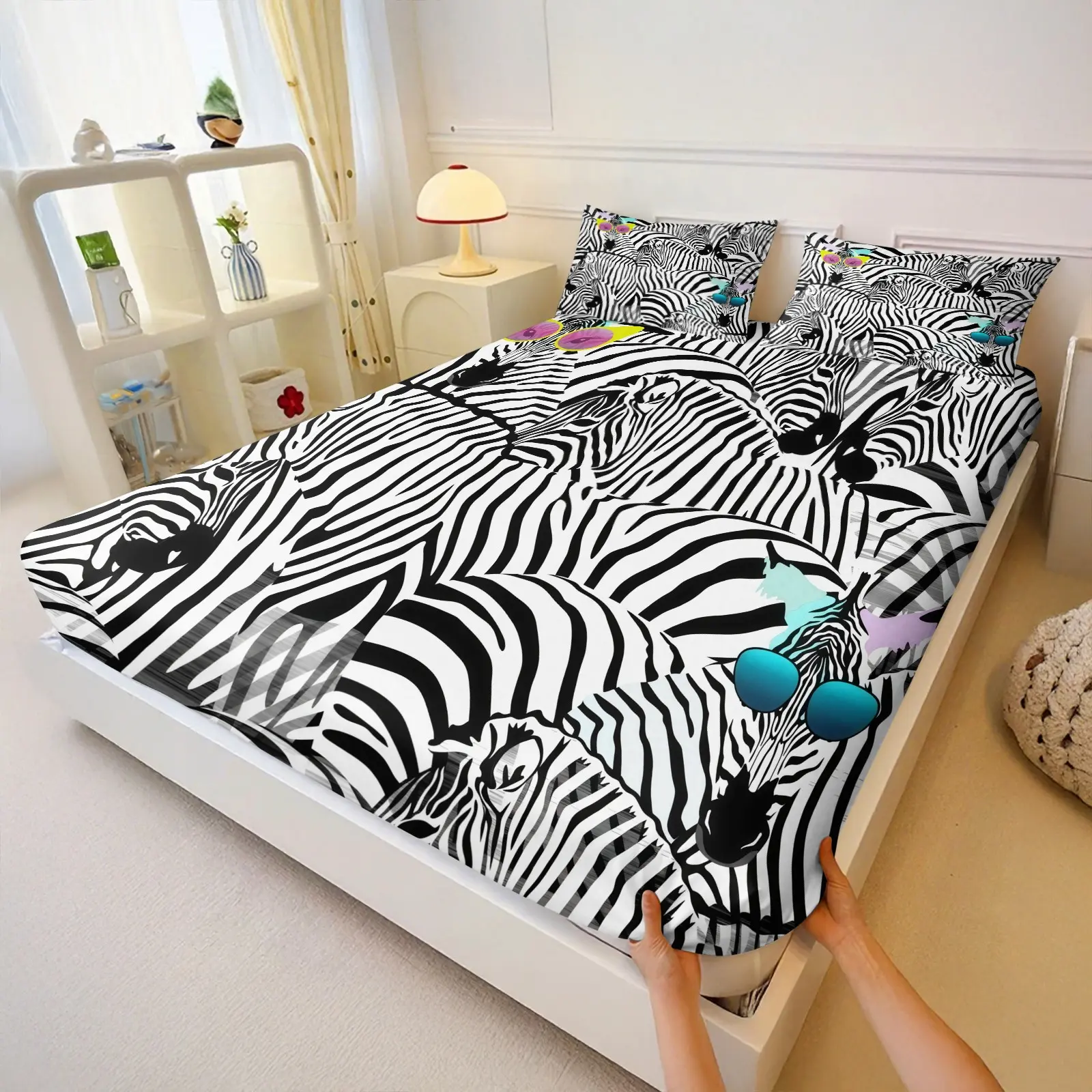 3PCS Trendy Full Print Zebra Fitted Sheet Set with Colorful Sunglasses, Soft Fiber Fabric, Deep Pocket Wrinkle Resistant Comfortable Bedding Essentials for Teen Bedroom Home, Multiple Colors Available