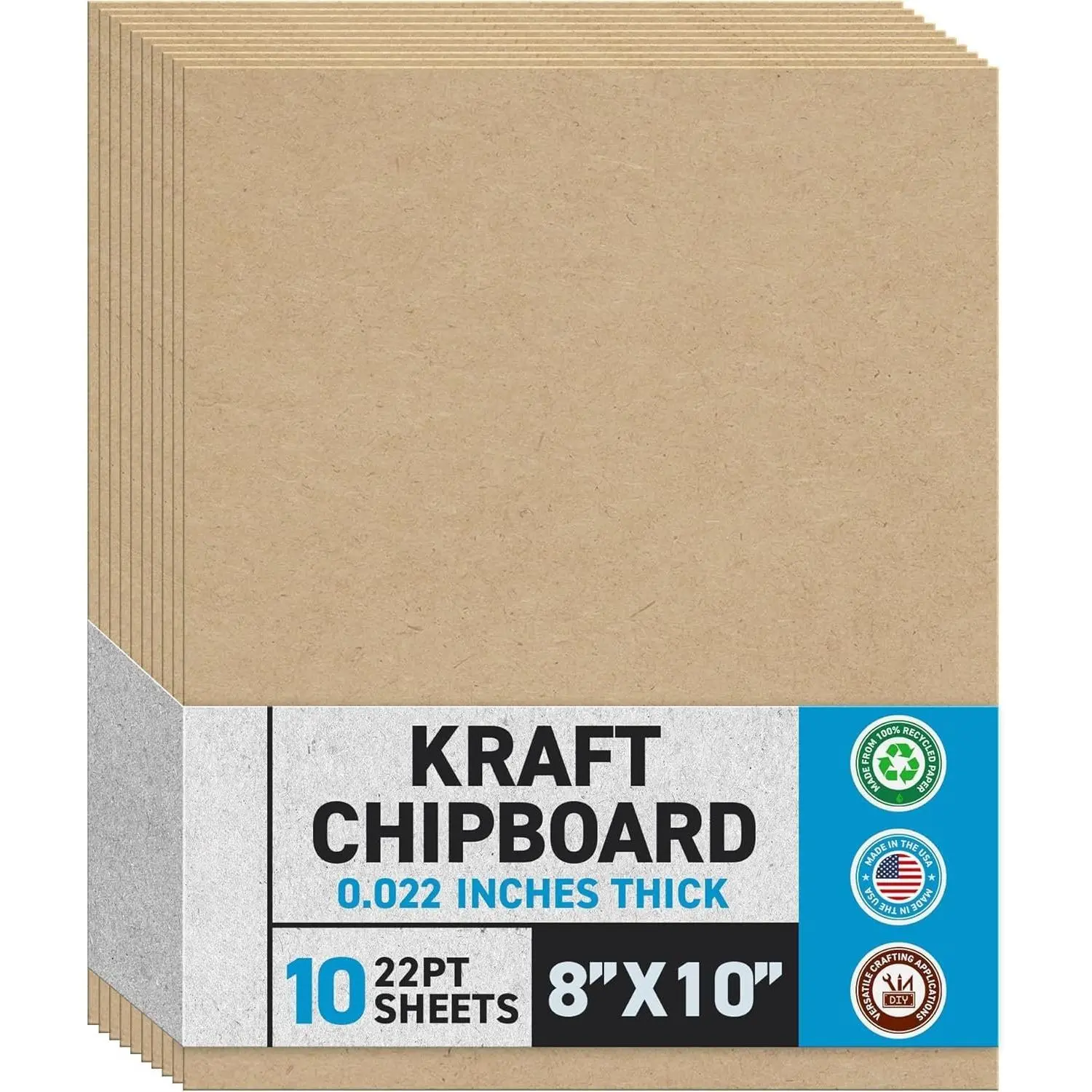 Chipboard Sheet for DIY Projects - 8x10 Inch - 10 Pack - 22 pt - Heavy Duty  (0.022 Inch Thick) Paperboard, For Scrapbooking, Books, Picture Frame Backing, Arts Project & Crafts
