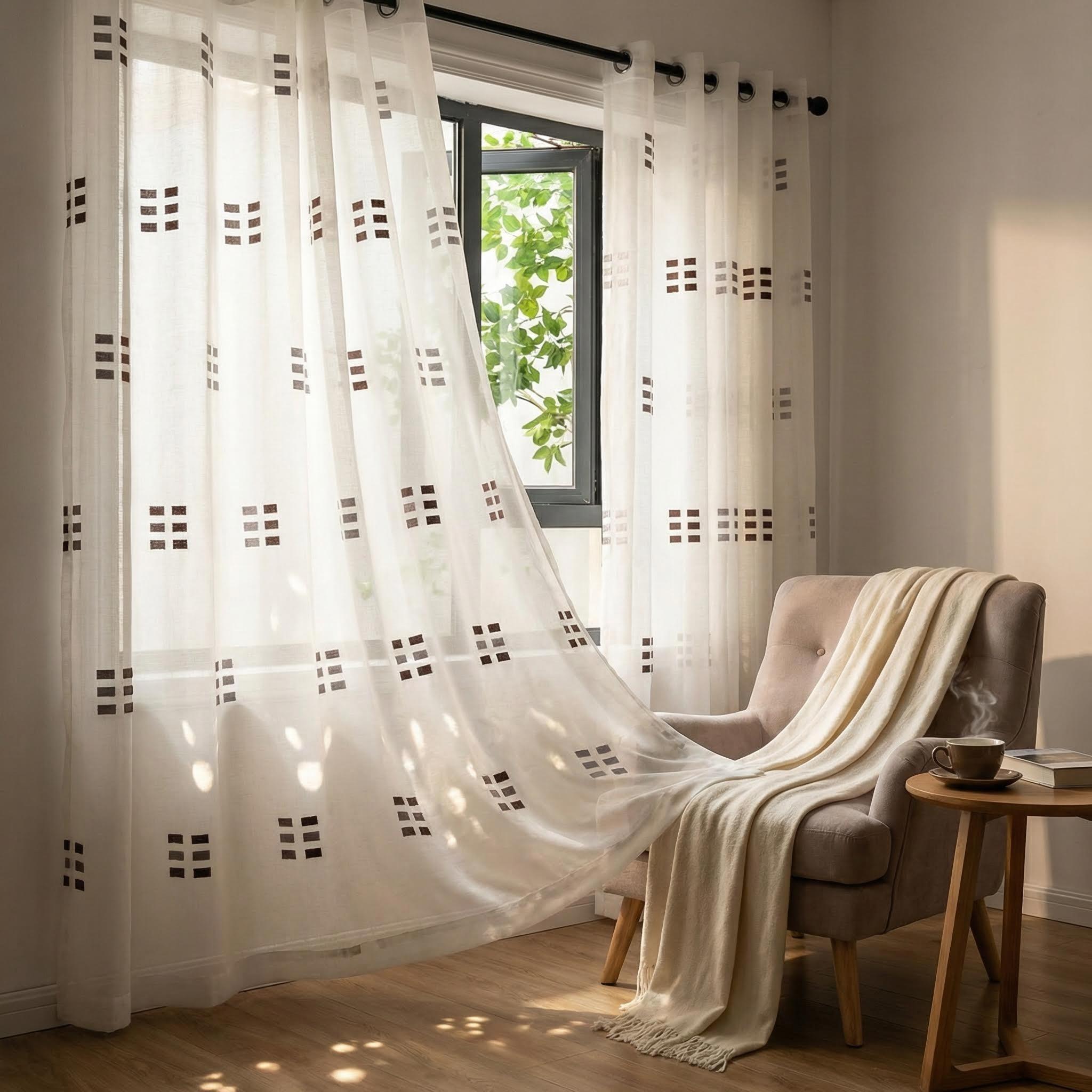 Cozy Curtain 2 Panels 52X84Inch is made of bamboo-jointed linen fabric, combined with embroidery technique, featuring a two-color nine-square pattern, with a metal ring at the head. It is easy to install, has a unique style, and is labeled as CT278.