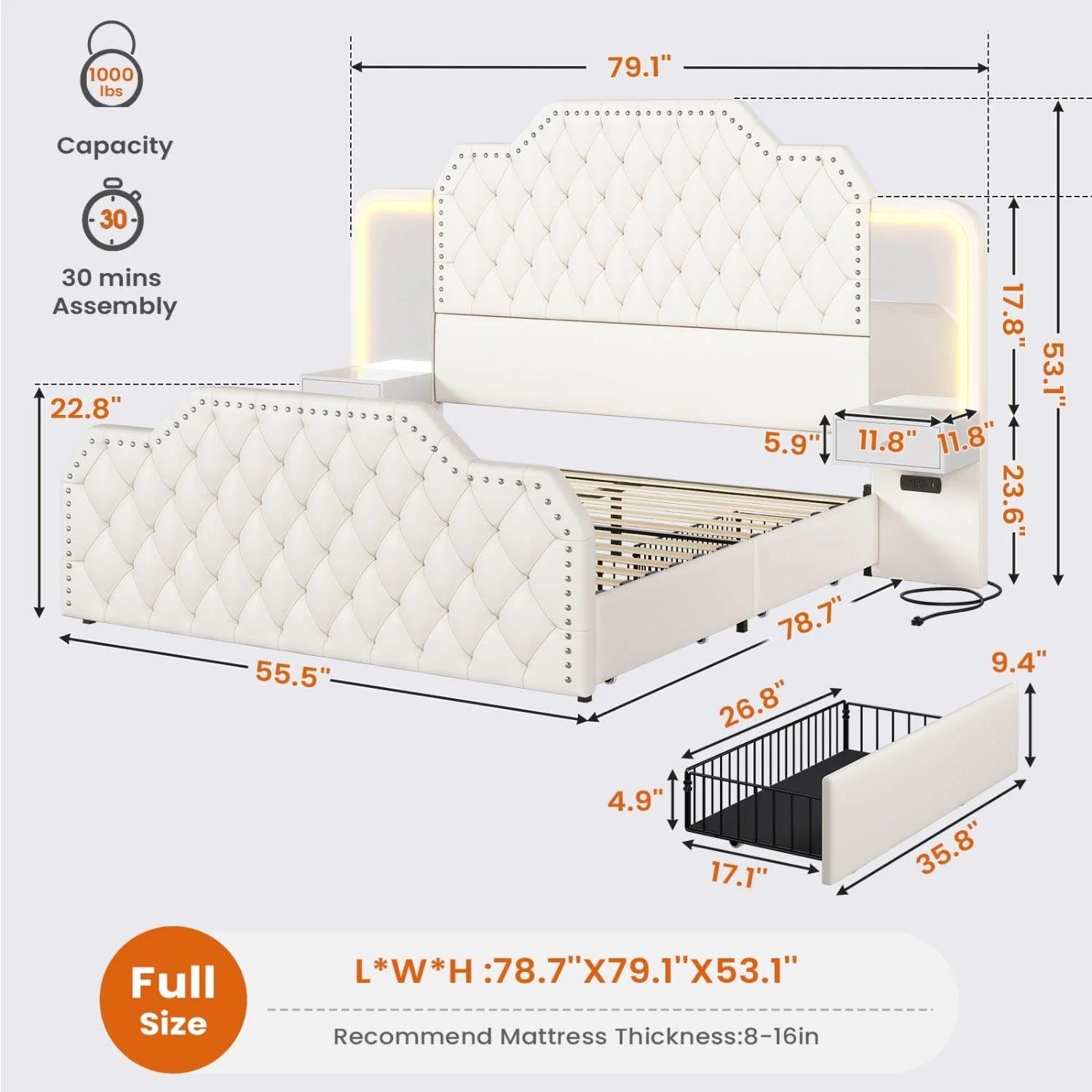 PU Leather Upholstered LED Bed Frame with 2 Nightstands White Bedframe Bedroom Furniture Headboard