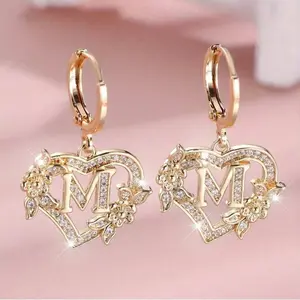 1Pair Heart Initial Cubic Zirconia Hoop Earrings For Women Teen Girls Exquisite Heart Carved 26 Letter A-Z And Personalized Name Flower Earrings Match Daily Valentine's Day Jewelry Birthday Gifts,Mom,Mother,Mother's Day,Gift 5