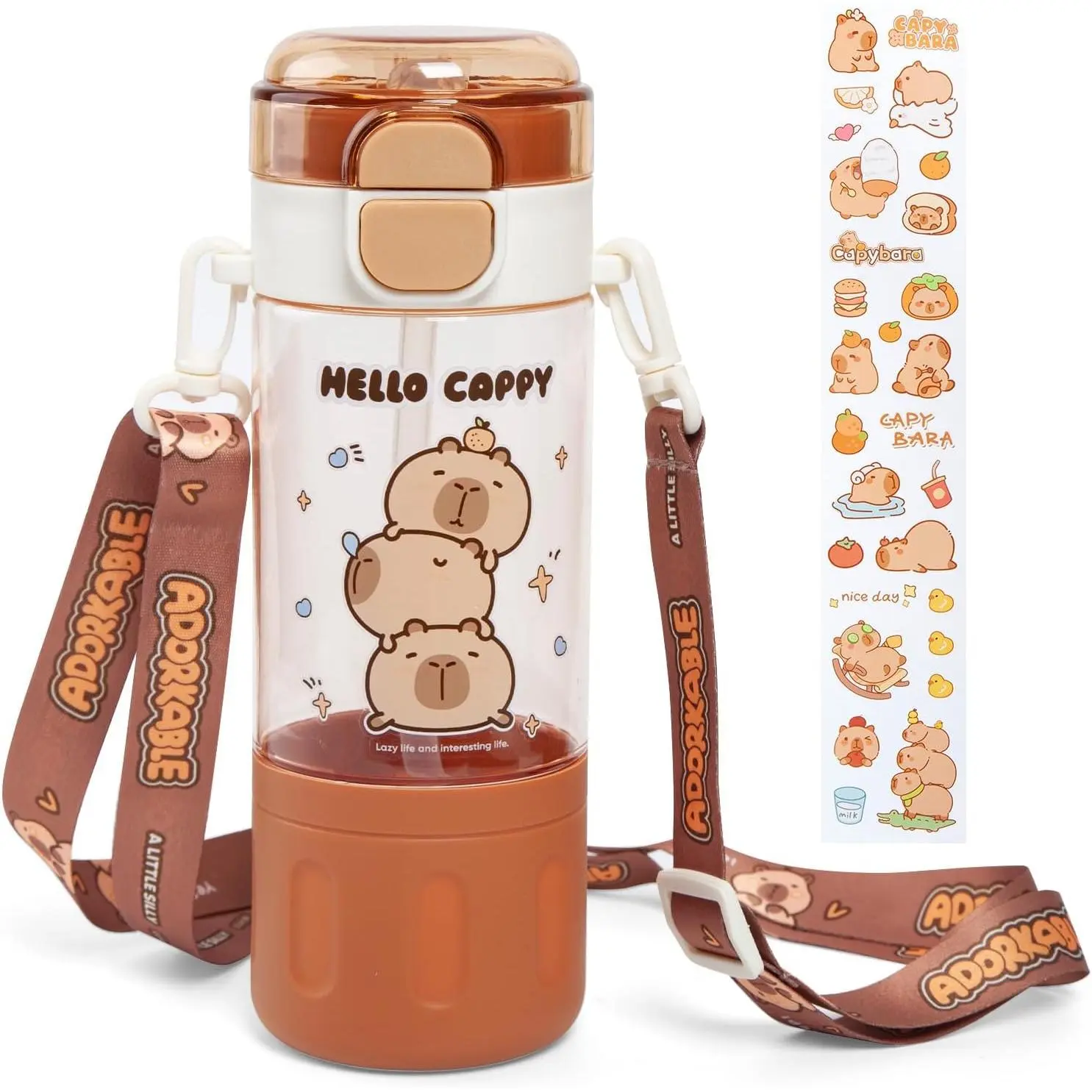 Capybara Water Bottle, Kawaii Water Bottle with Straw, Cute Capybara Water Bottles with Adjustable Strap and Stickers -  Boys Girls Outdoor Sports, Tritan BPA Free, LeakProof, 20 oz