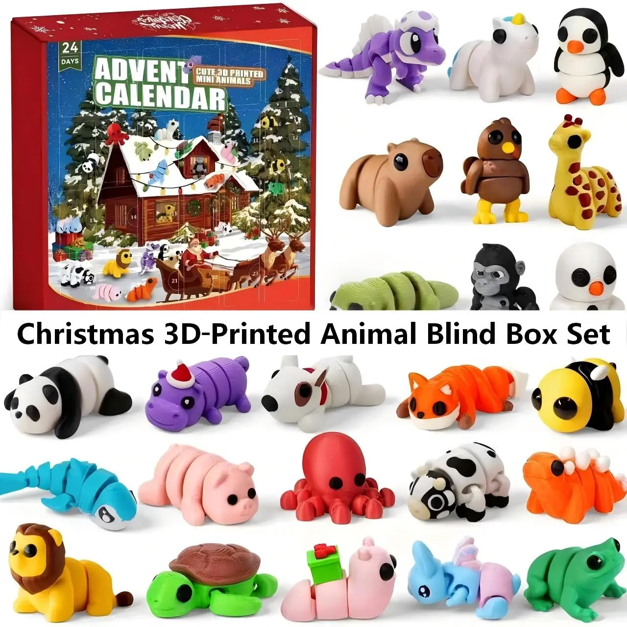 Hot Selling Christmas Countdown Calendar, 3D Printed Animal Blind Box Set, Unique Gift Idea, Perfect for Holiday Season