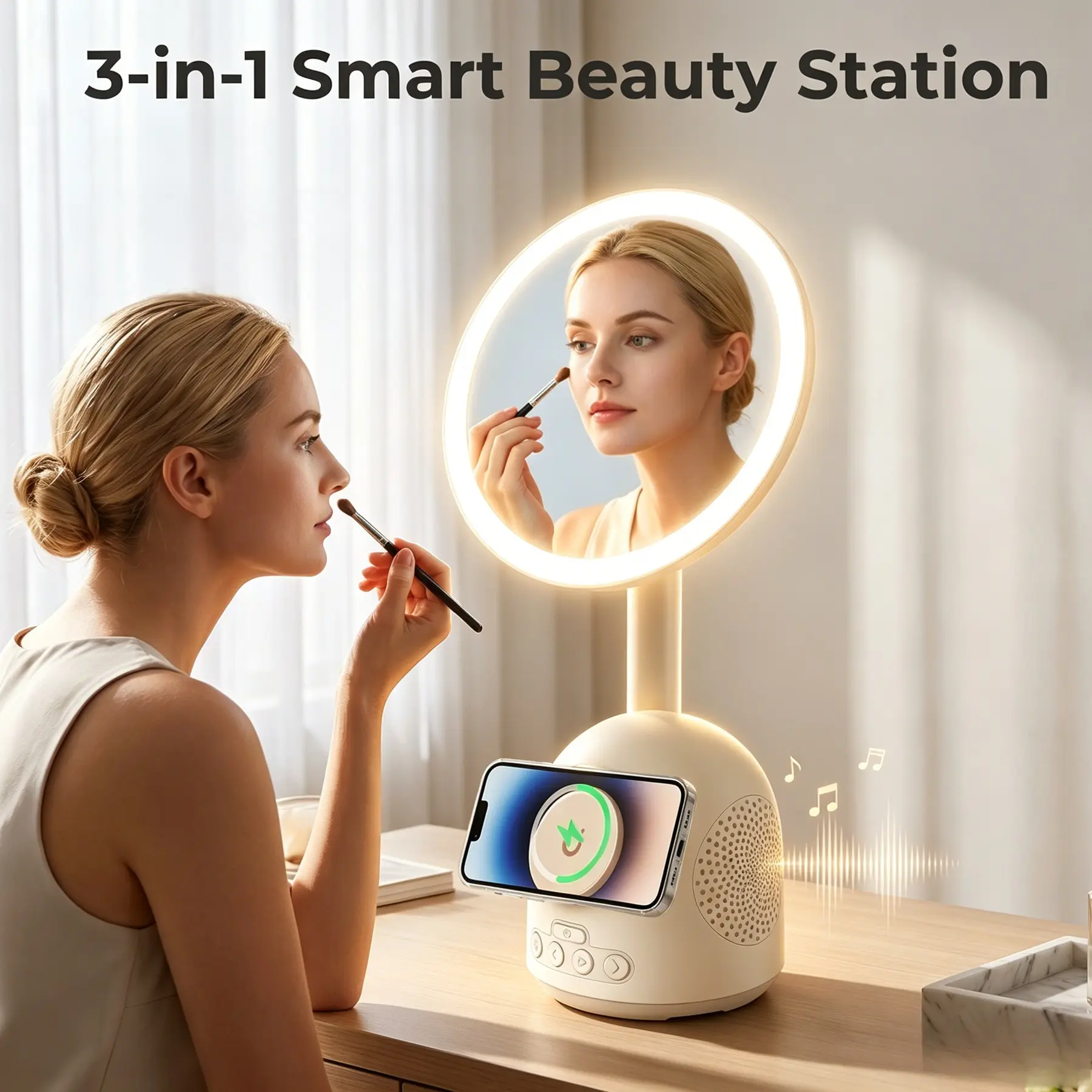 Vanity Mirror with Lights, Smart Mirror, Led Lit Mirror, LED Makeup Mirror with Phone Charger and Bluetooth Audio, Lighted Makeup Mirror 3 Colors & Stepless Dimming, for Makeup Desk, Bedroom, Dressing Room & Daily Use, Idear Gift