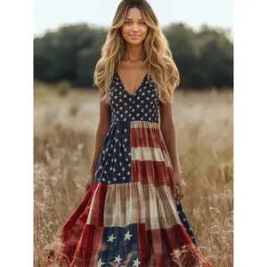 Women's Vintage Independence Day Patch Art Line Dress American Flag Floral Print Dresses Casual Polyester V-neck suspender Independence Day holiday style cake dress