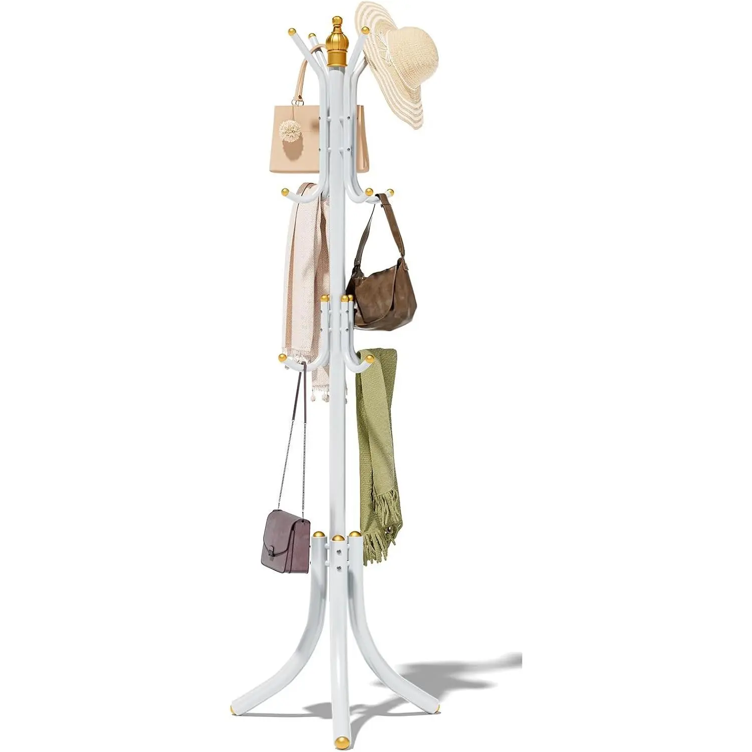 White Free-Standing Metal Frame Hall Tree Coat Rack - 12 Hook Arms, Floor-Mount Household Entryway Organizer, Home/Office Furniture for Jackets, Handbags, Hats, Winter Scarves