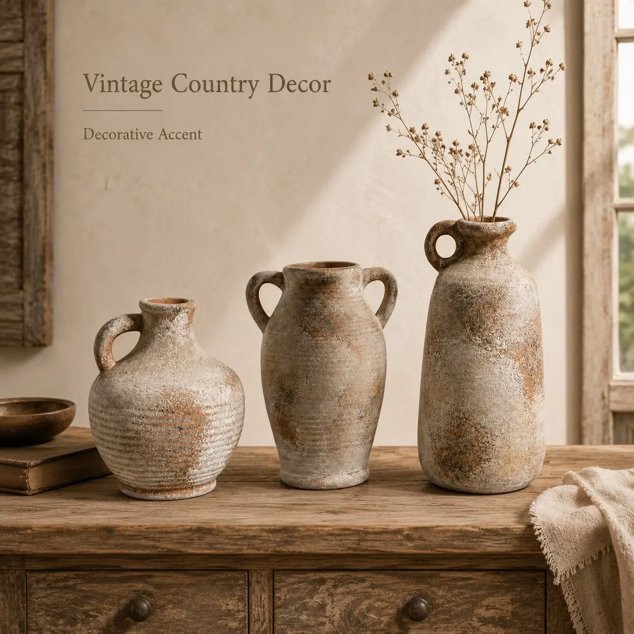 Vintage French Country Vase with Handle, Organic Earth Tone Coarse Pottery, Handmade Wabi-Kusa Style Ceramic Set, Elegant Retro Shelf Decor, Farmhouse Home Décor Unique Gift