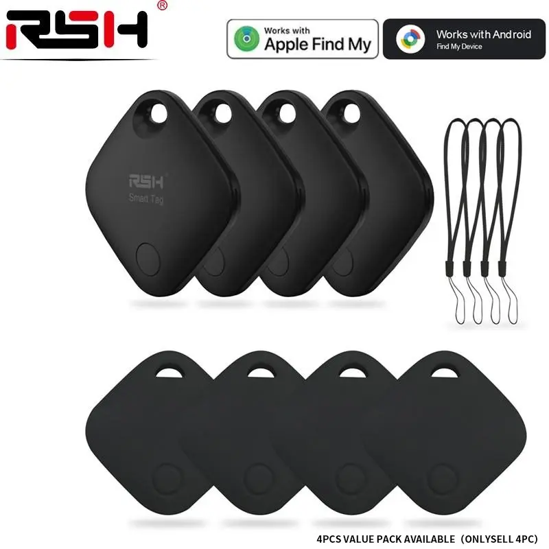 RSH Smart tag iOS/Android Lost Alarm Bundle, Wireless Positioning Tracker, Compatible with Apple Find My/google Find HUB, Tracks Keys Luggage Cars Bikes Bags Wallets, Includes 4 Tags