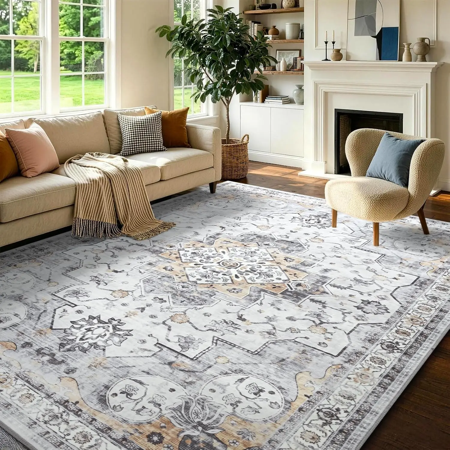 5x8 Washable Area Rug for Home Interiors, Modern Synthetic Fiber Printed Motif Rug - Soft Low-Pile, Stain-Resistant, Non-Slip Backing, Thin, Foldable Indoor Rooms Decor for Bedroom, Living Room (Yellow & Grey)