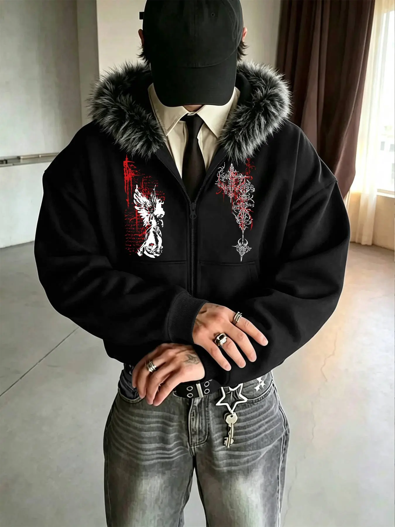 Zip‑Up Hooded Jacket, Zipper Jacket, With Detachable Faux Fur Collar, Angel Cross Gothic Art Graphic Print, Kangaroo Pocket, Ribbed Cuffs, Drawstring Hood, Loose Fit Y2K Goth Punk Casual Streetwear Outerwear Coat