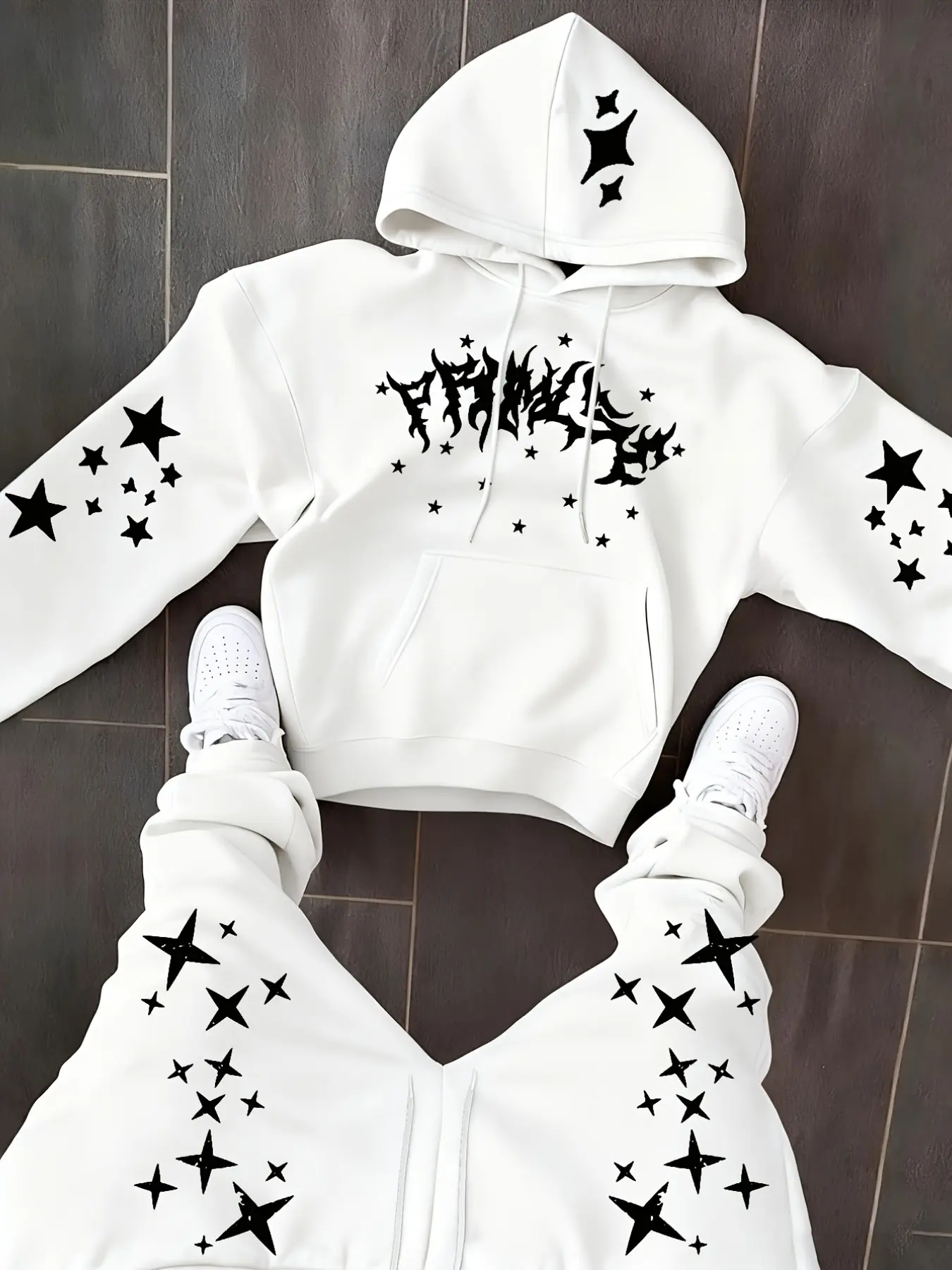 Y2K Gothic Punk Two-Piece Hoodie Set, Unisex Oversized Hoodie & Sweatpants Matching Outfit. Full-body white star prints, sharp metallic letter graphic on the chest, drawstring hood, kangaroo pocket, thickened soft loose stretch matching tracksuit. Casual