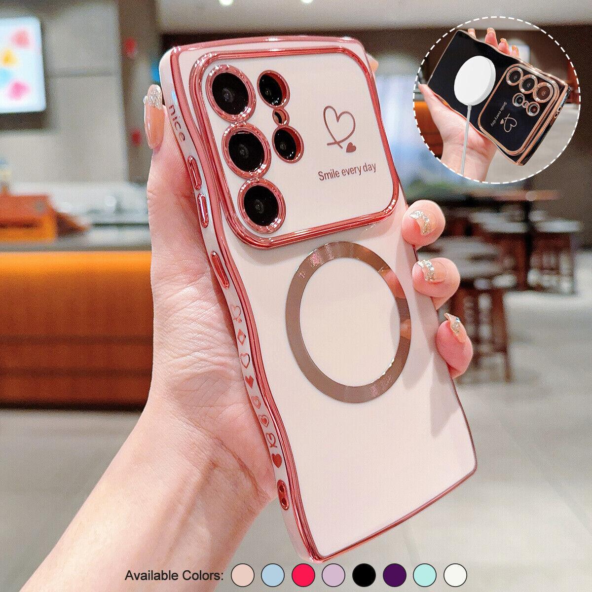 OREKROY【Free.ship】Magnetic Case for Samsung S25 Ultra Plus S24 S23 S22 ,Soft Wave Frame Curly Shape Cute Love Heart Plating Phone Case with Raised Camera Lens Protection,Compatible with MagSafe Wireless Charging, Shockproof Back Cover for Women Girls