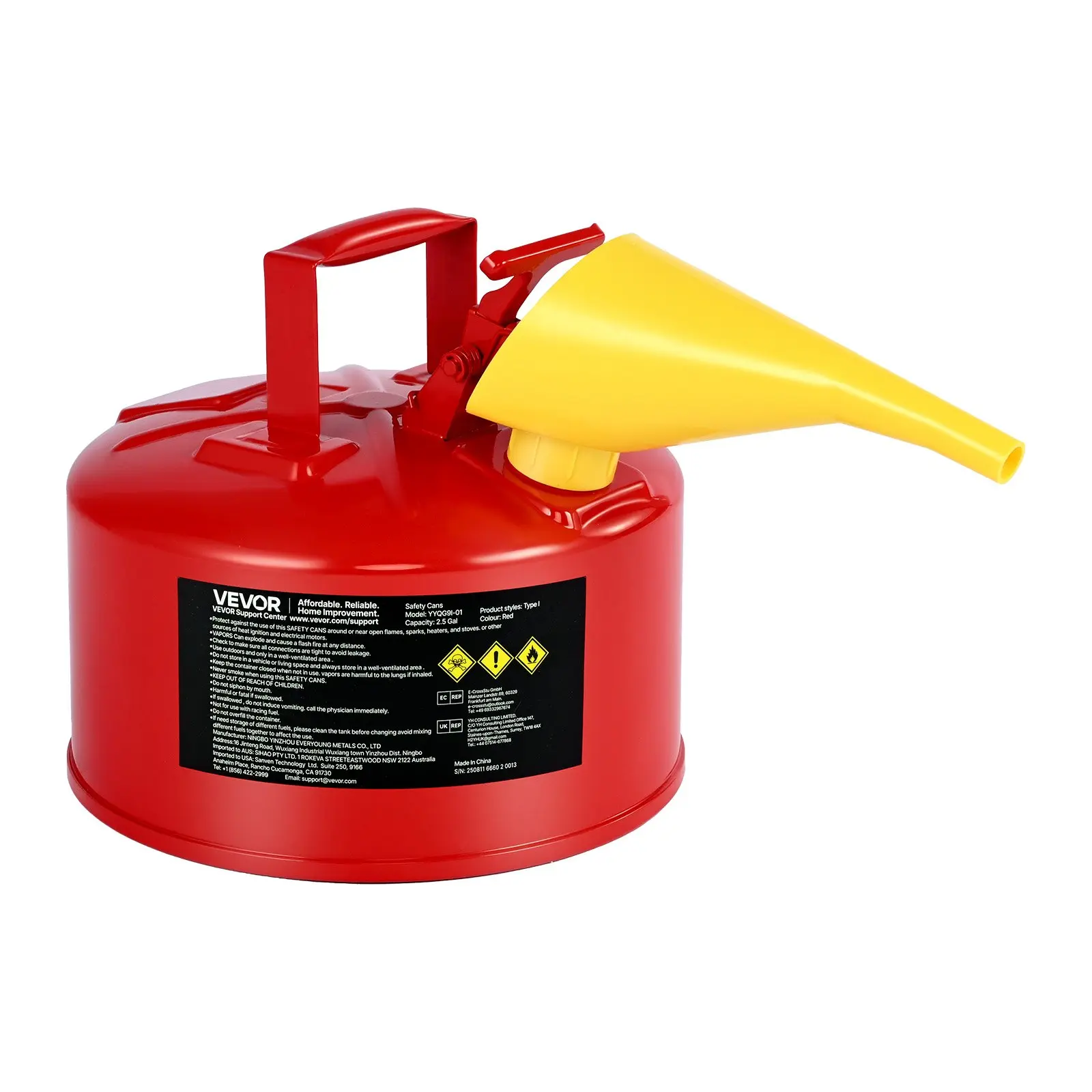 VEVOR Safety Gas Can, 2.5 Gallon Type I Red Safety Can for Gasoline with Stainless Steel Flame Arrester, Self-Closing Lid, and PE Funnel, Carbon Steel Flammable Storage Container with Ergonomic Handl