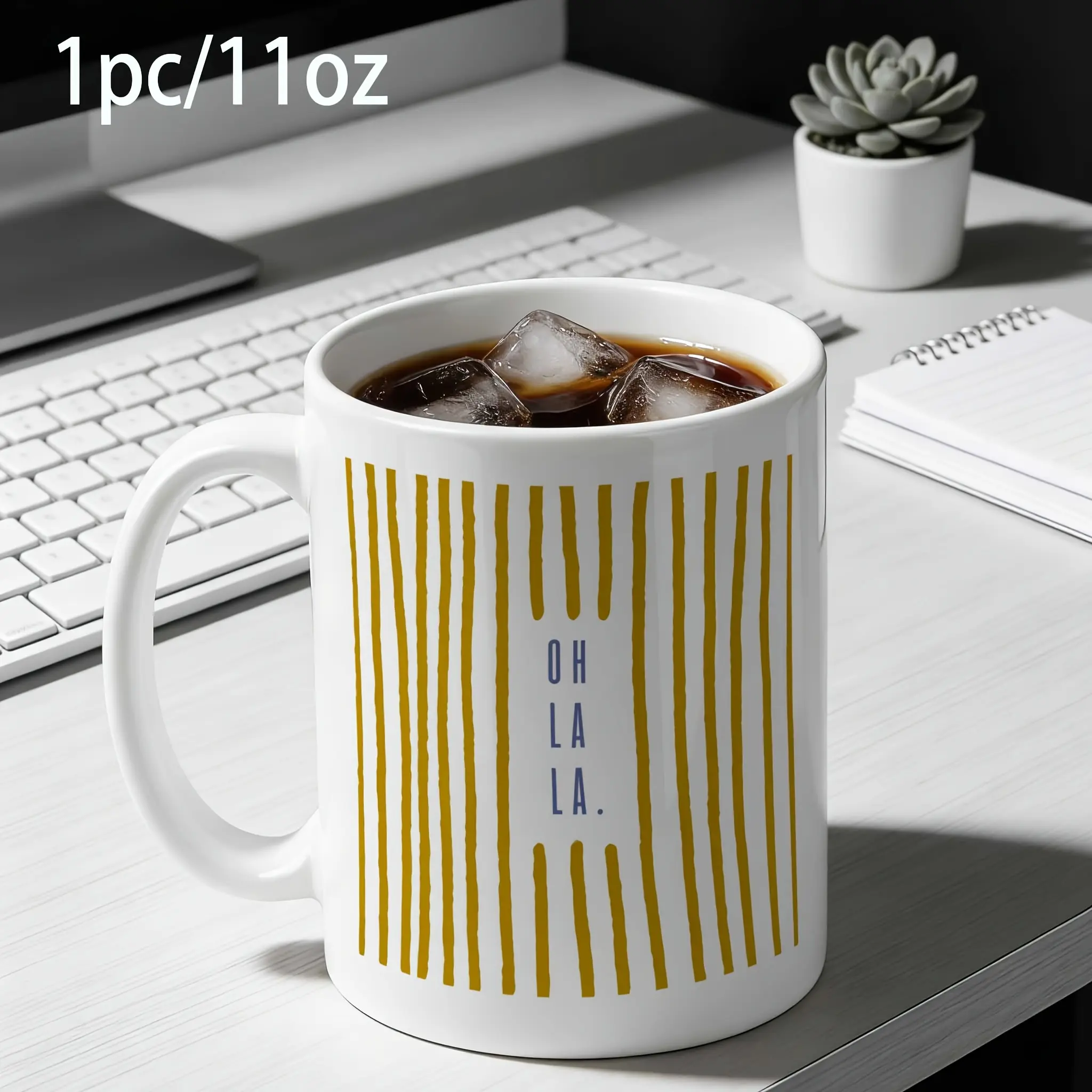 1pc Novelty Mustard Yellow Striped Oh La La Pattern Mug, Coffee Cup, Juice Cup, 12.17oz, Fun Gift
