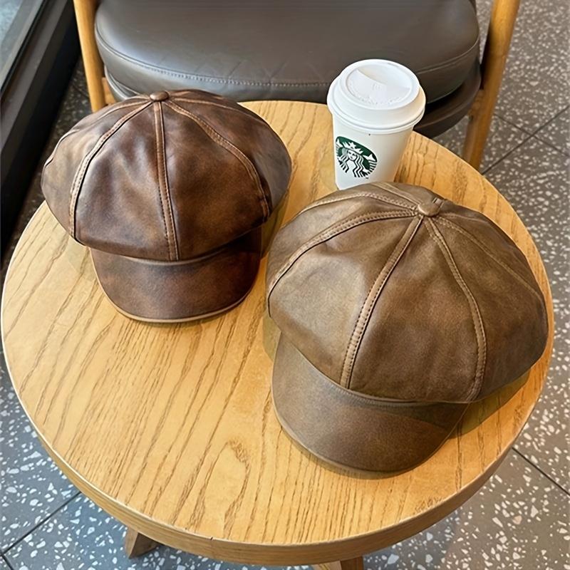 Customizable Vintage British Style Faux Leather Newsboy Cap - Lightweight, Washed Finish, Versatile Octagonal Hat for Men & Women, Perfect for Casual or Formal Occasions, Casual Headwear |       Vintage Style Cap |       Durable Headgear