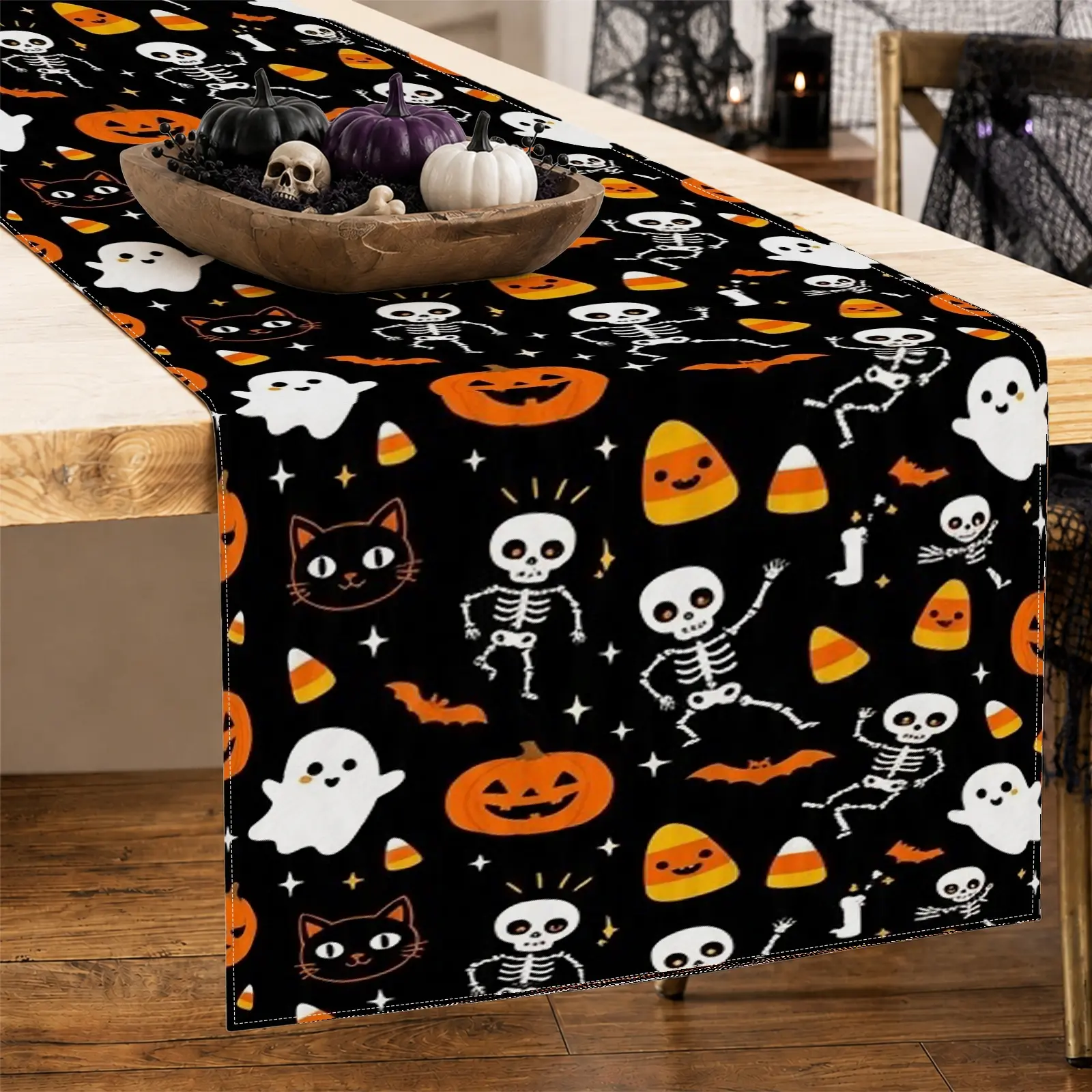 1pc Skeleton Ghost Pumpkin Black Cat & Bat Table Runner, Cute Retro Festive Halloween Style, for Dining Table, Kitchen Decor, Halloween Party & Home Decor, Halloween Table Decoration