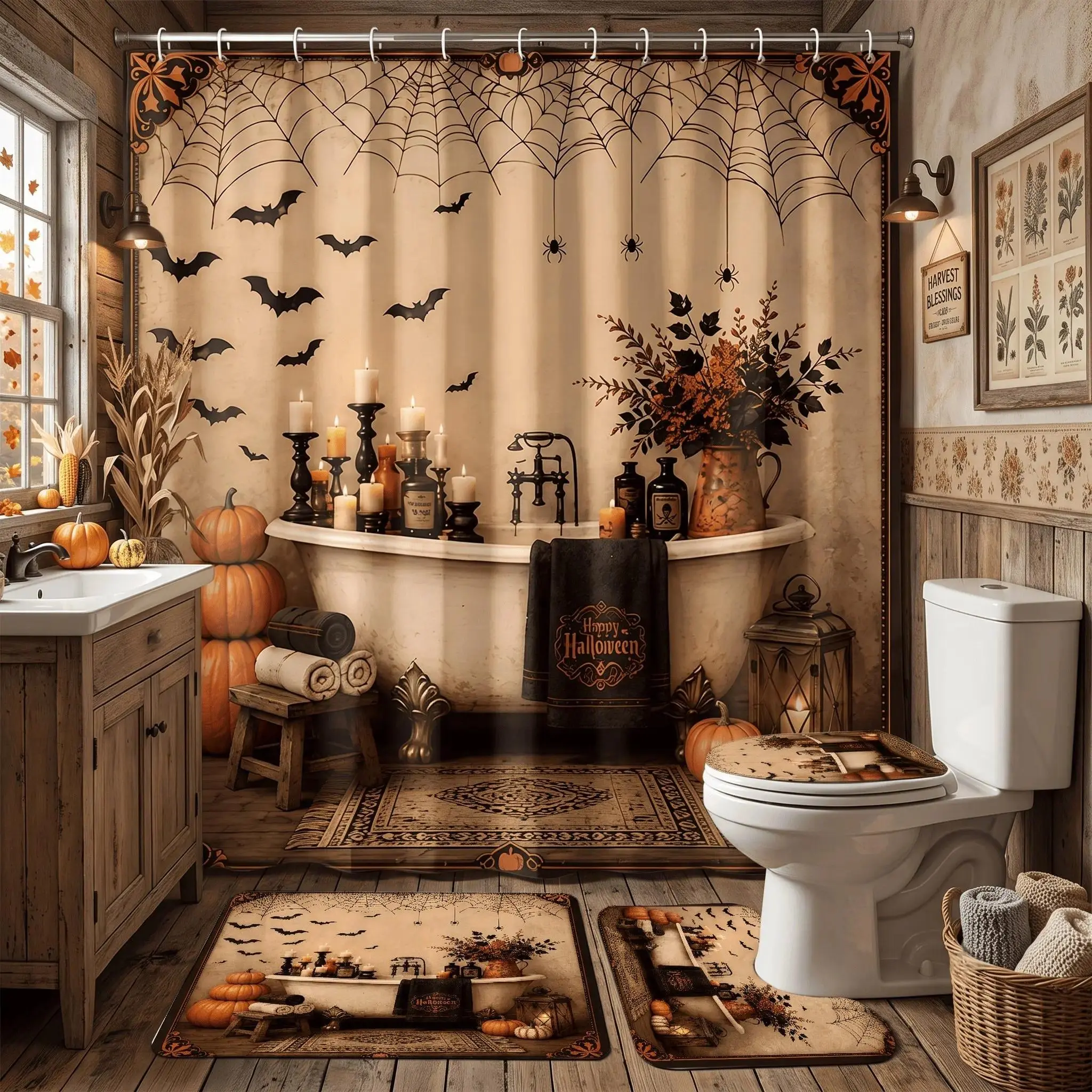 4pcs Halloween Bathroom Sets, 4-Piece Shower Curtain & Rugs,The floor mat fabric is thicker and softer!  Floral Pattern, Elegant Design, Autumn Seasonal Decor, Cottagecore Style