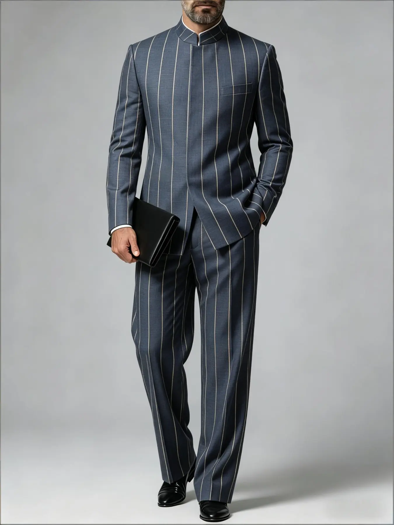 Ainwear Men Slate-Blue Pinstripe 2-Piece Suits, Mandarin Stand-Collar Blazer, Fitted Pants, Casual Style, All Seasons