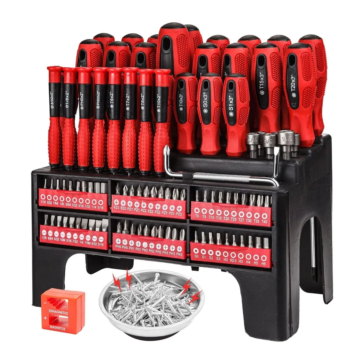 Magnetic Screwdriver Set with Rack, Includes Precision Screwdriver, Magnetizer Demagnetizer and Magnetic Bowl, DIY Tools for Home Repair