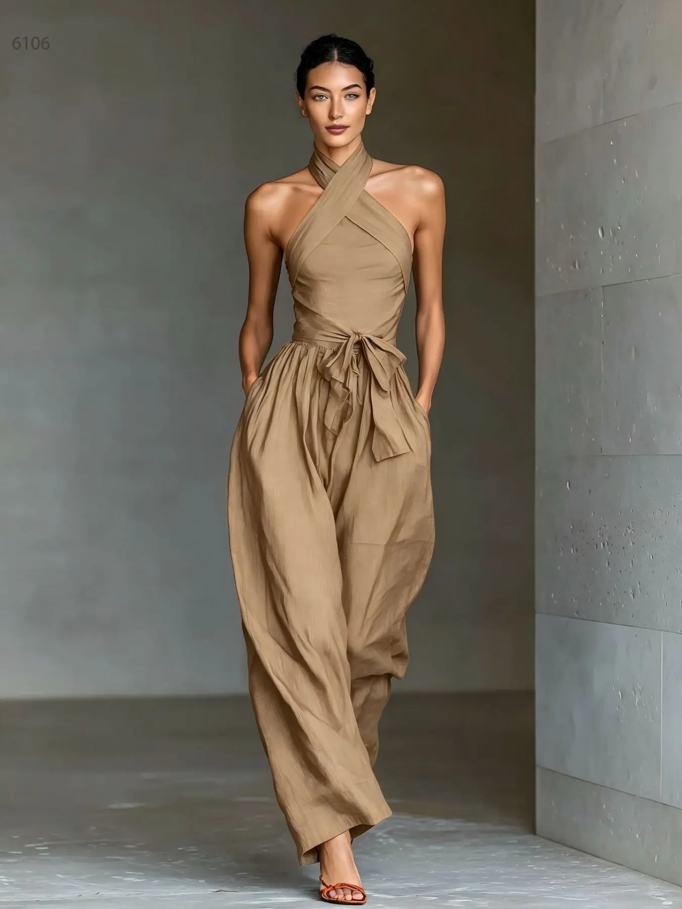 T6106 Chic Cross Halter Neck Active Fit Jumpsuit, Belted Waist Flowy Wide Leg With Pockets, Viral Summer Resort Dating Vacation Matching Outfit.